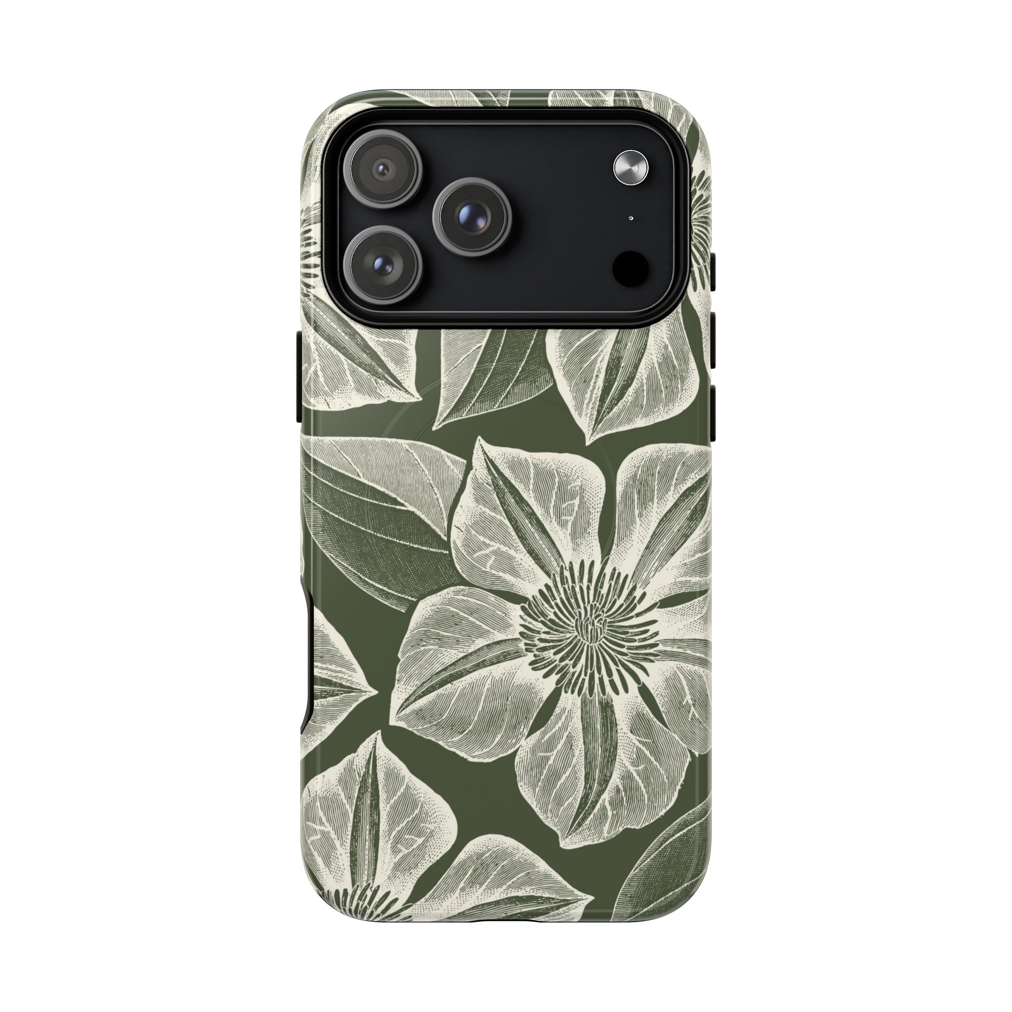 Vintage Bloom Cypress MagSafe iPhone 17 Pro Max – Glossy | cypress green ground, large-scale white clematis print, engraved petal detail, dual-layer protection
