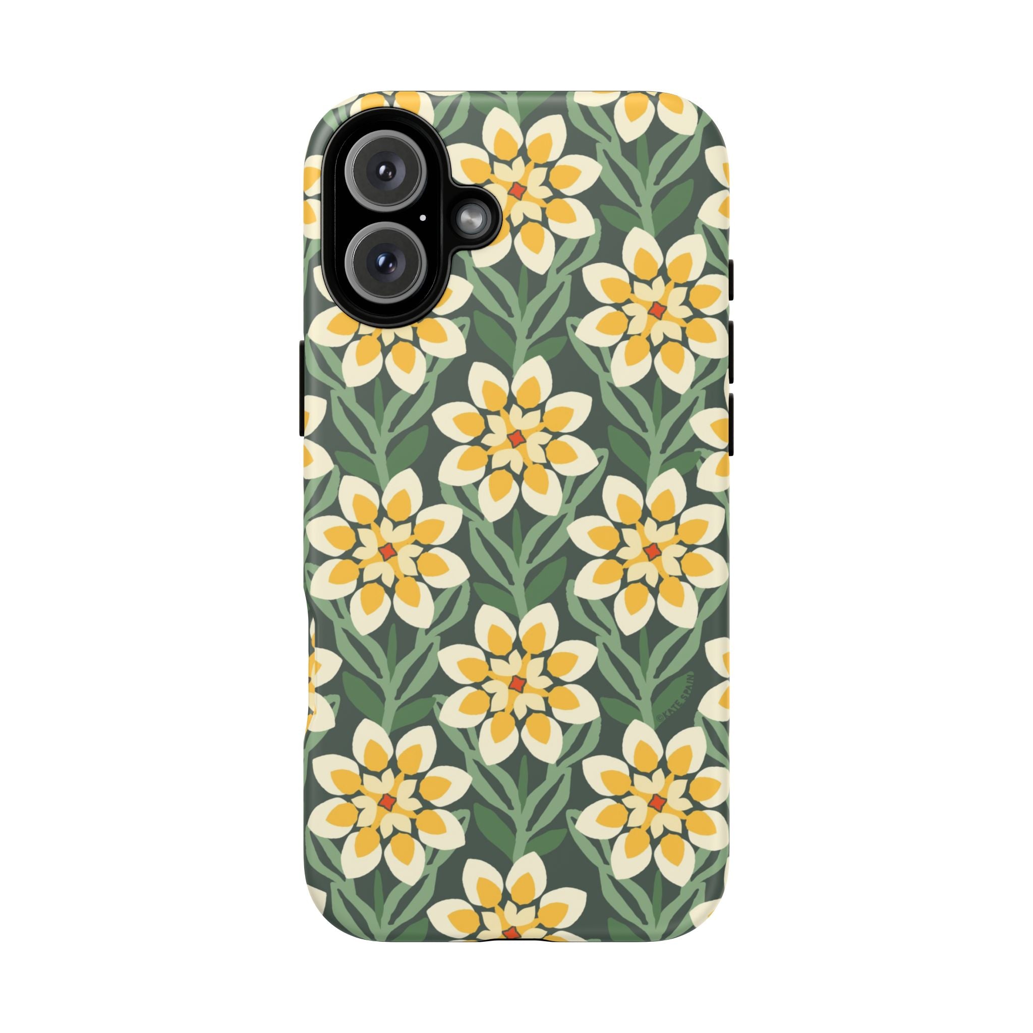 Designer Modern Dahlia Tough iPhone 16 Plus Case – Matte | yellow, cream, green dahlia floral print