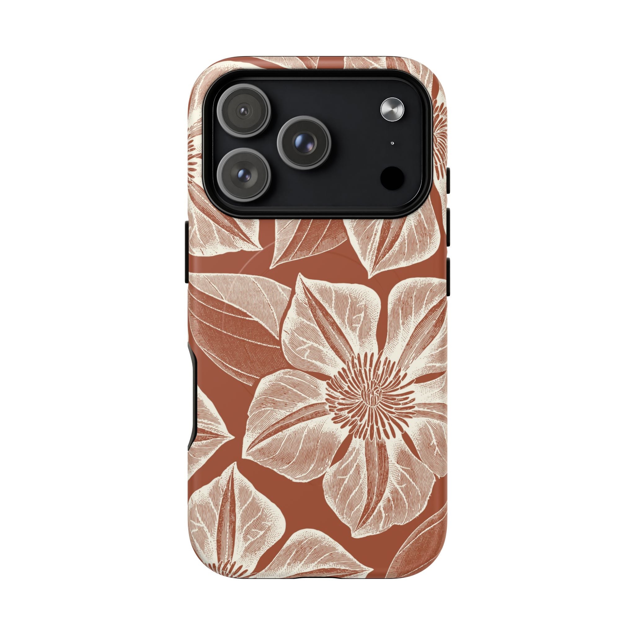 Vintage Bloom Sienna MagSafe iPhone 17 Pro – Matte | sienna ground, large-scale cream clematis print, engraved petal detail, dual-layer protection