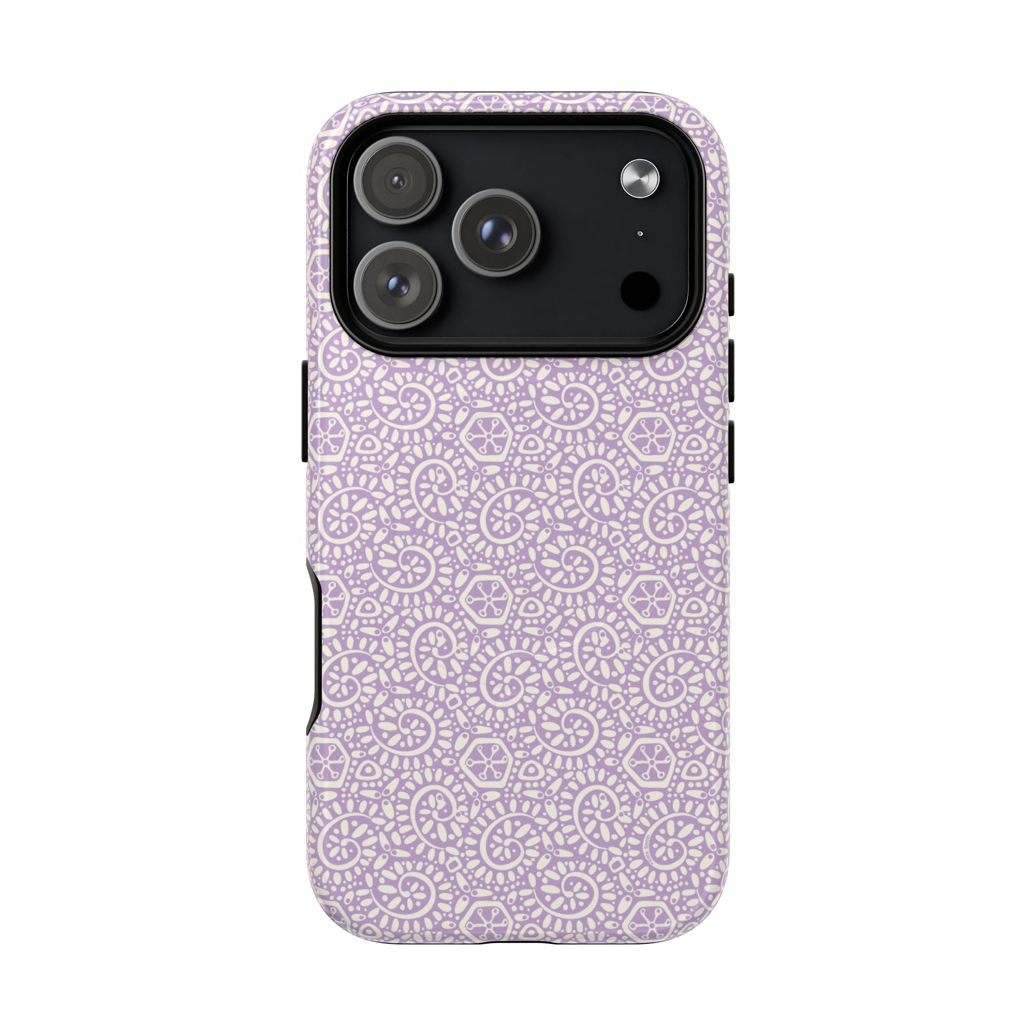 Canto Swirls Lavender MagSafe iPhone 17 Pro Glossy Case — lavender hard case covered in an intricate folk-art medallion pattern of radiating circular motifs, dot clusters, and geometric centers