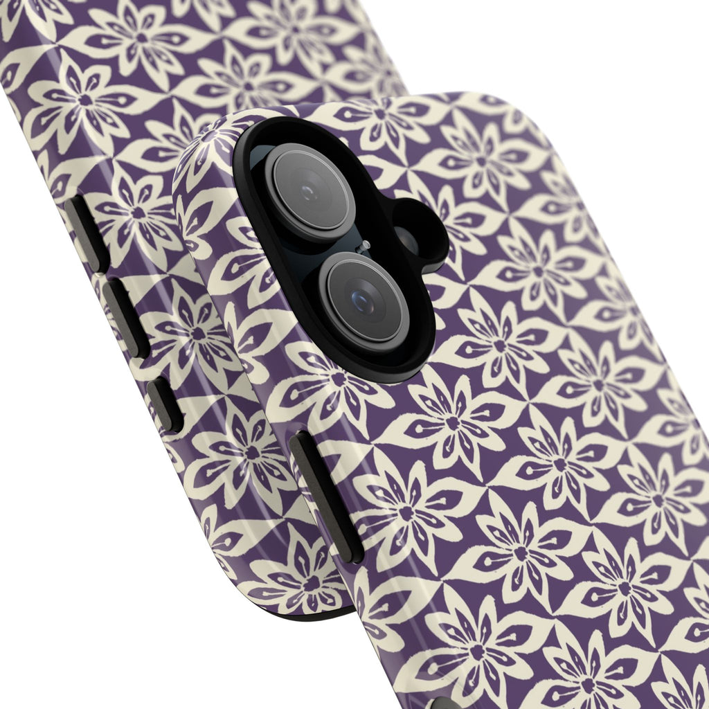 Lily Plum iPhone 17 Case – Glossy | angled view showing camera cutout and buttons — botanical phone case by Kate Spain