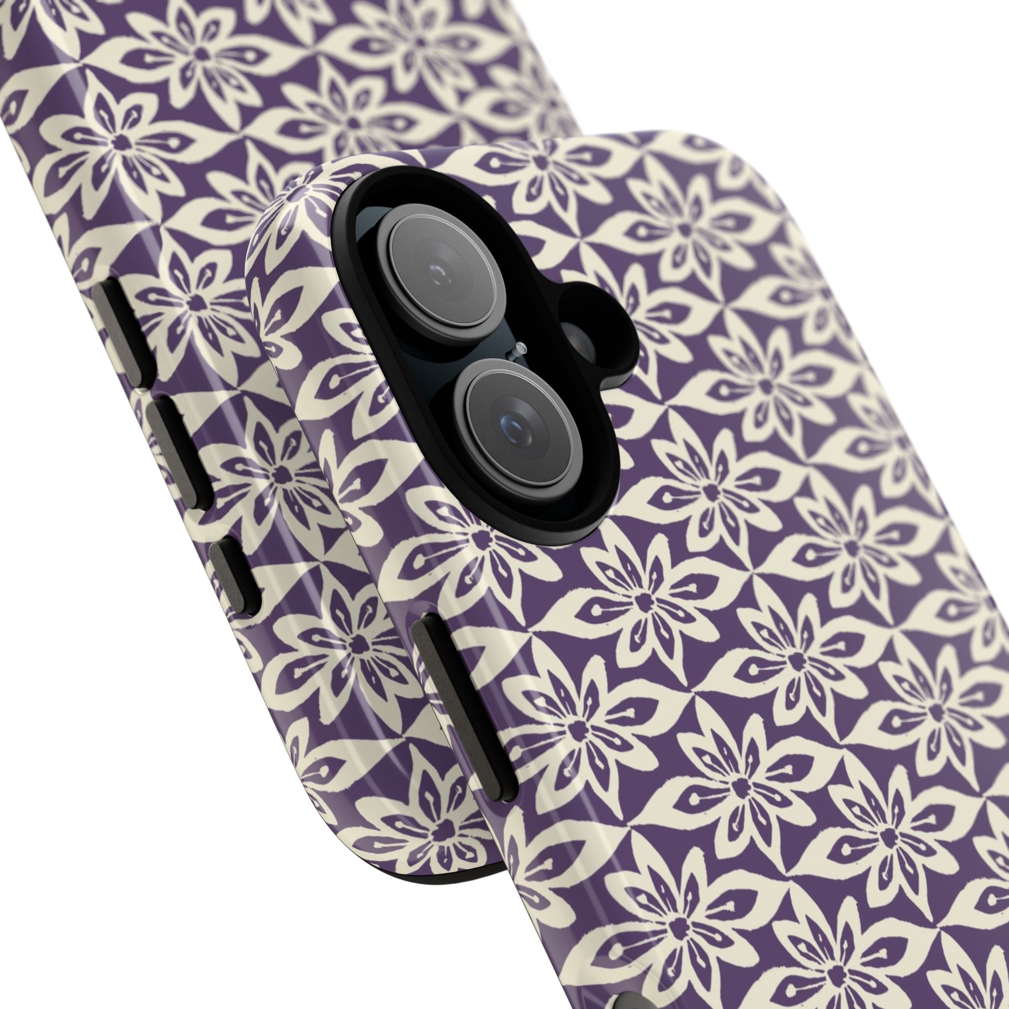 Lily Plum iPhone 17 Case – Glossy | angled view showing camera cutout and buttons — botanical phone case by Kate Spain