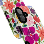 Happy Blooms MagSafe iPhone 17 Case – Glossy | cream, red, magenta, coral botanical floral print | angled view closeup of camera cutout and buttons