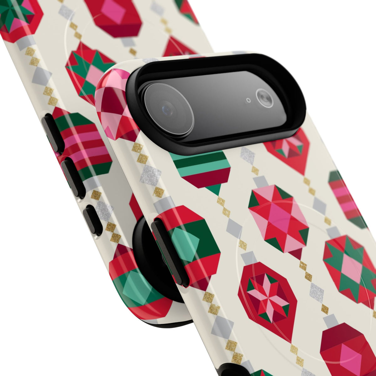 Felicity Ornaments MagSafe iPhone Case – detail view of case, camera cutout and buttons | holiday ornament print