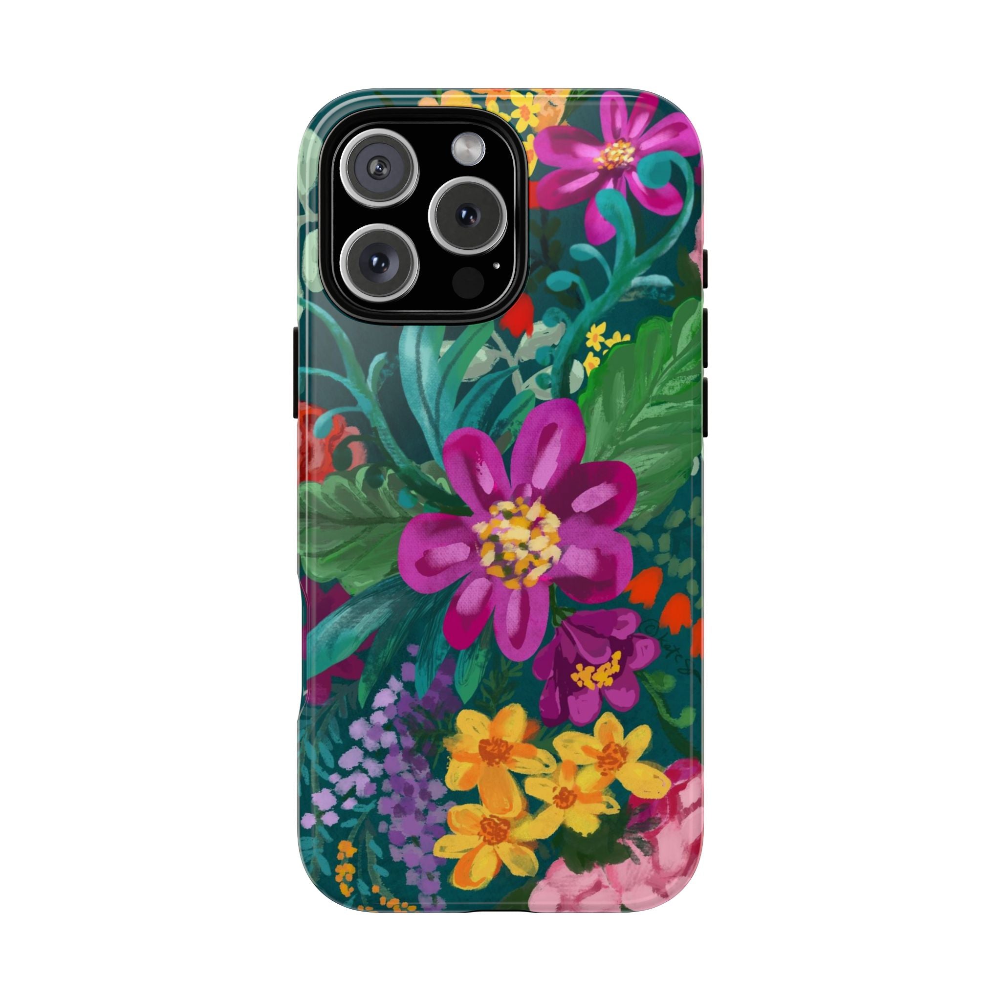 Posy Tough iPhone 16 Pro Case – Matte | teal, purple, magenta, yellow botanical wildflower print