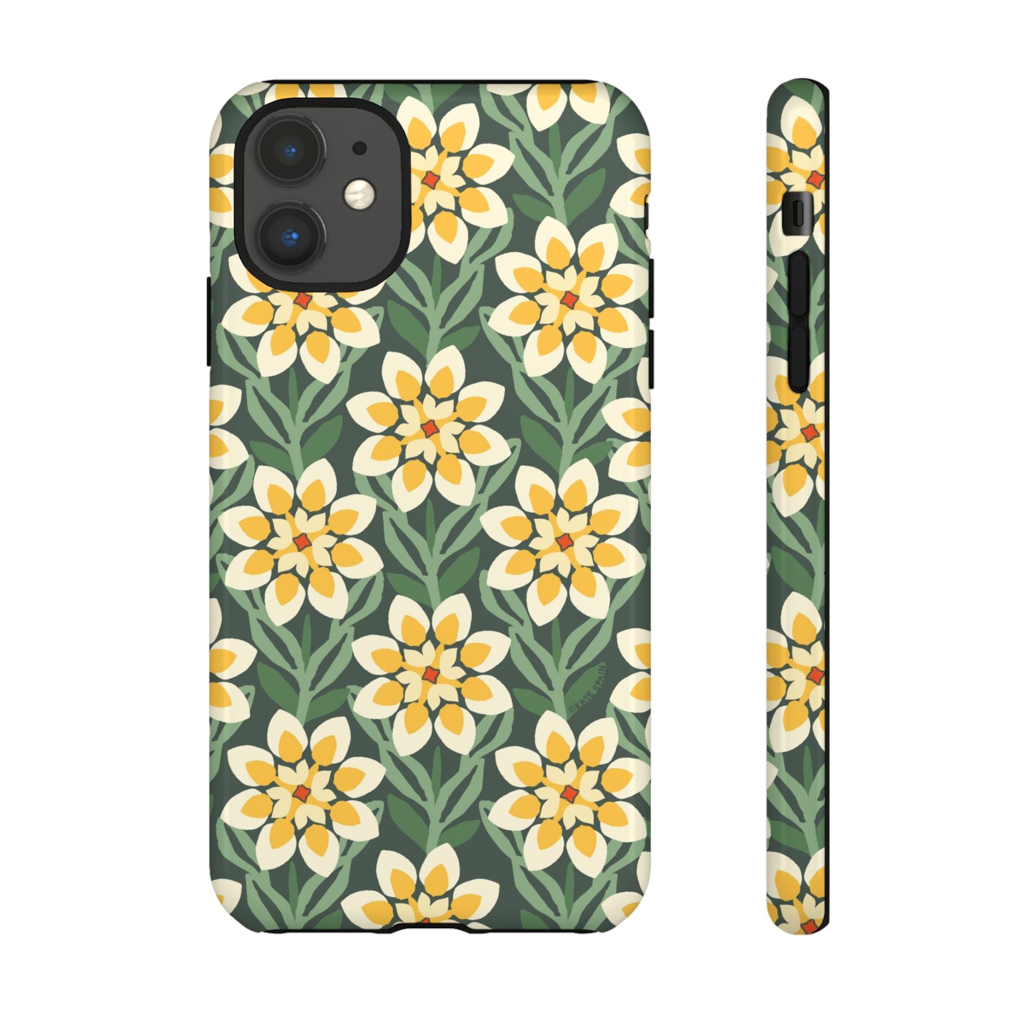 Designer Modern Dahlia Tough iPhone 11 Case – Glossy | yellow, cream, green dahlia floral print