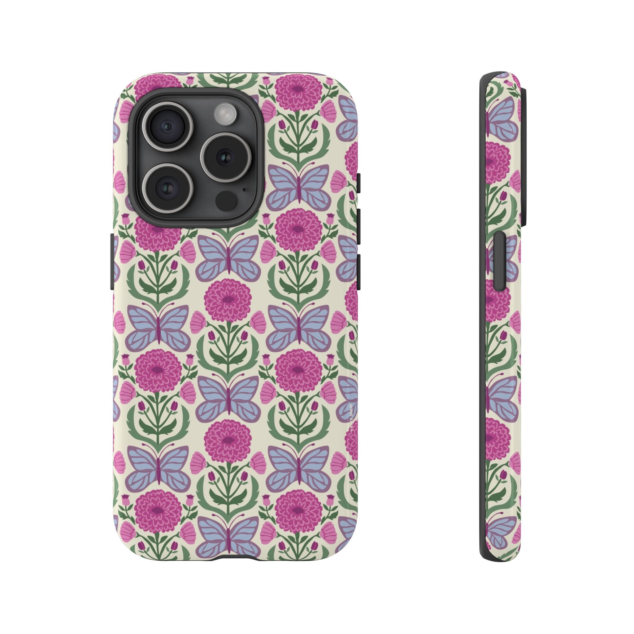 Butterfly Tough iPhone 15 Pro Case – Glossy | cream, magenta, periwinkle butterfly floral print