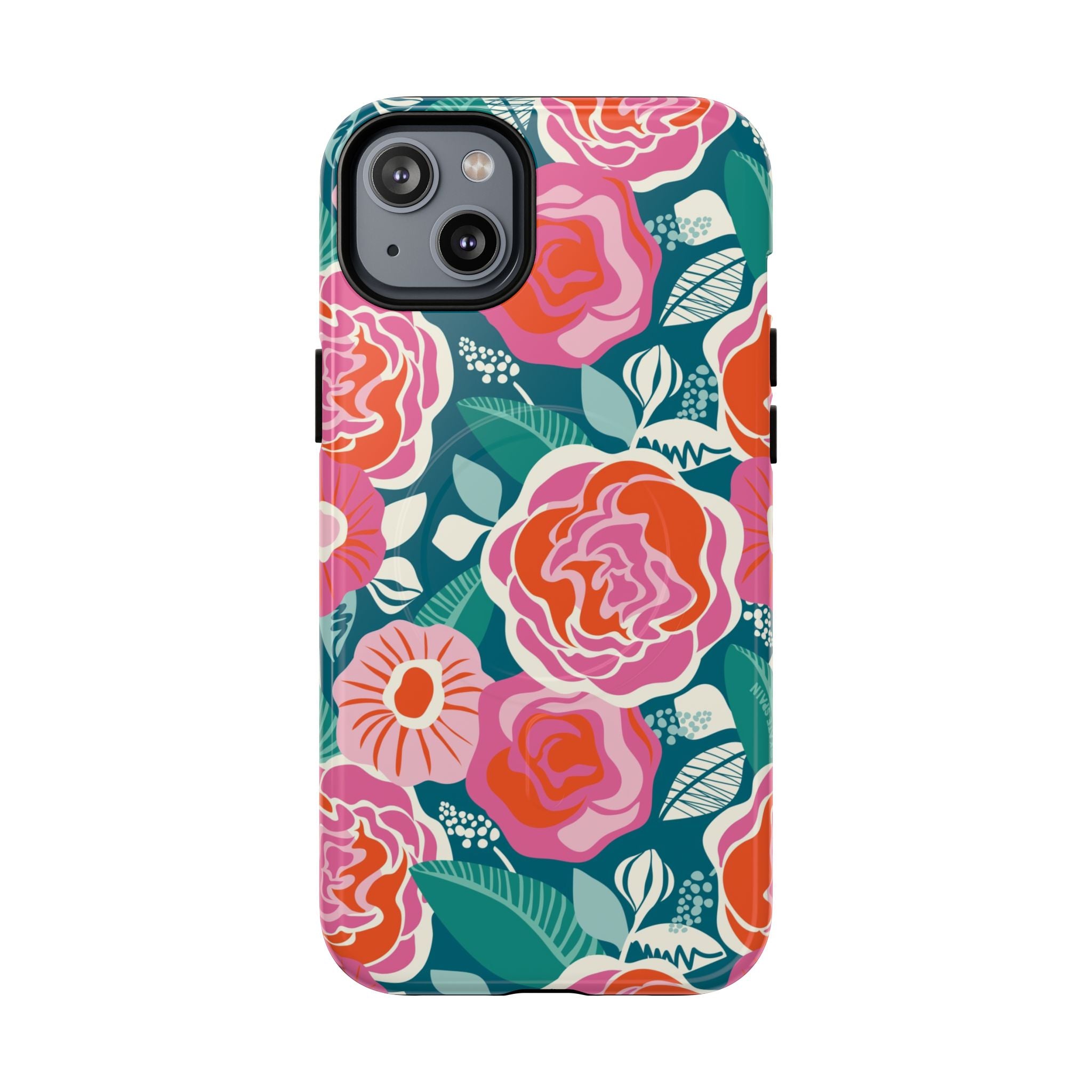 Luxury Tea Rose Teal MagSafe iPhone 14 Plus Case – Glossy | teal, coral, pink botanical rose floral print