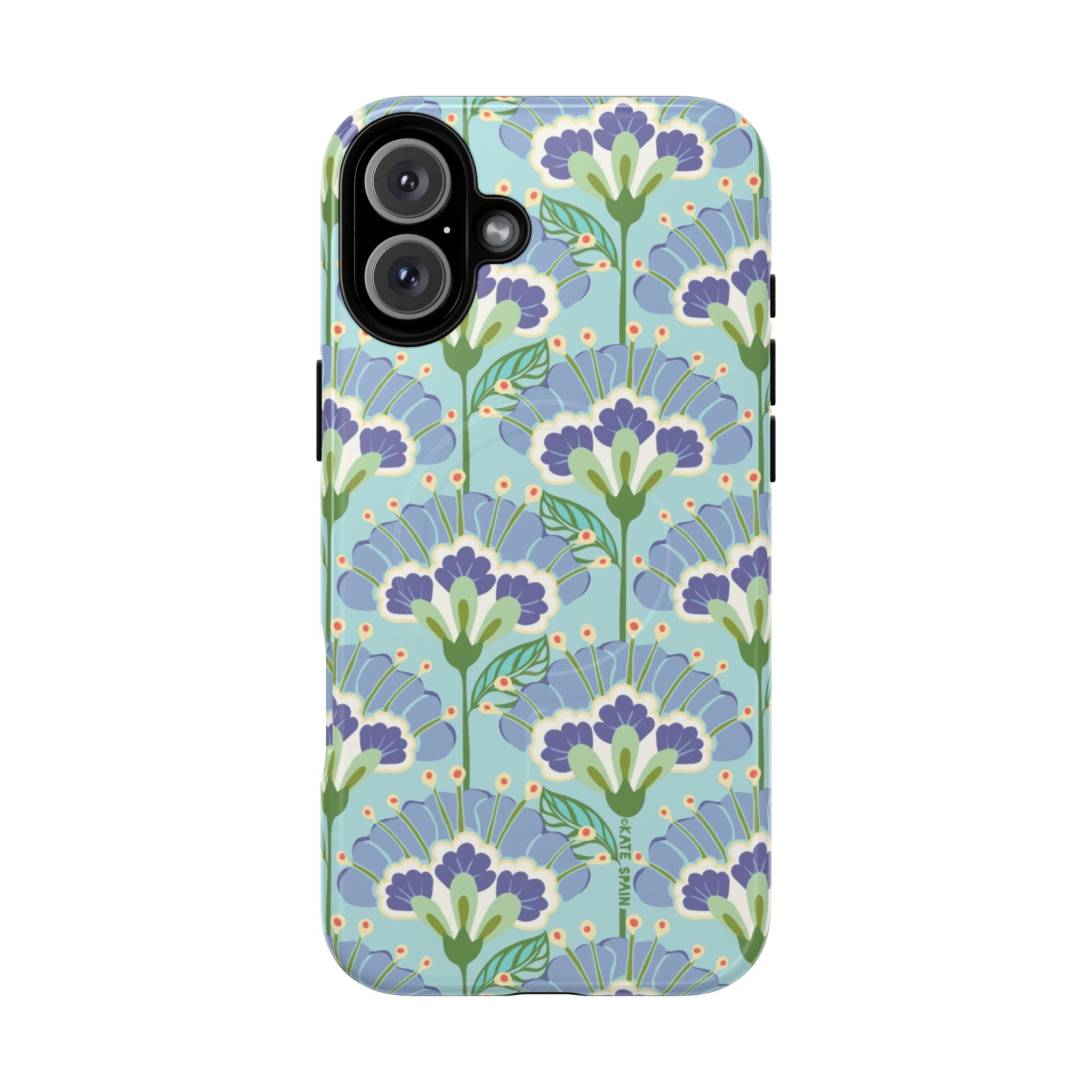 Lantern Flower MagSafe iPhone 16 Plus Case – Glossy | aqua, periwinkle, green botanical lantern floral print