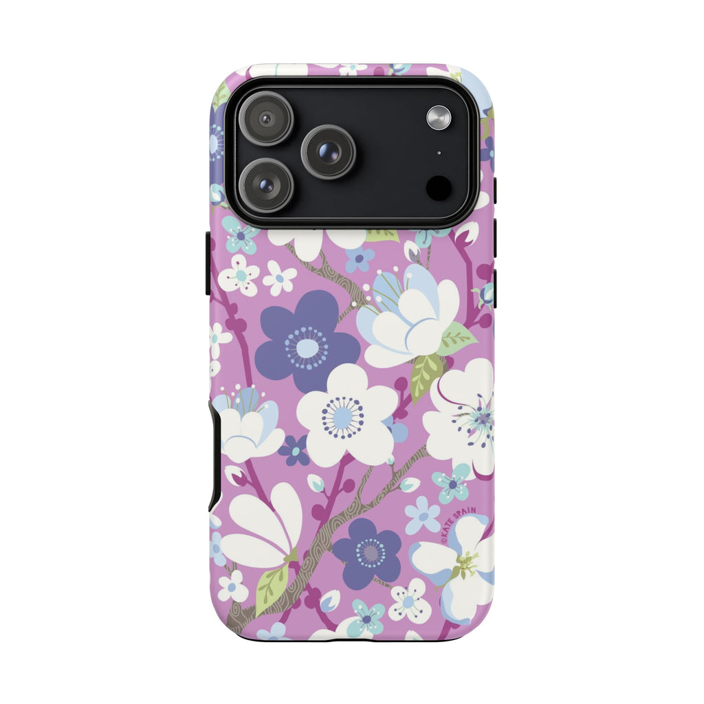 Purple Cherry Blossom Tough iPhone 17 Pro Max Case – Glossy | mauve, purple, blue, white cherry blossom print