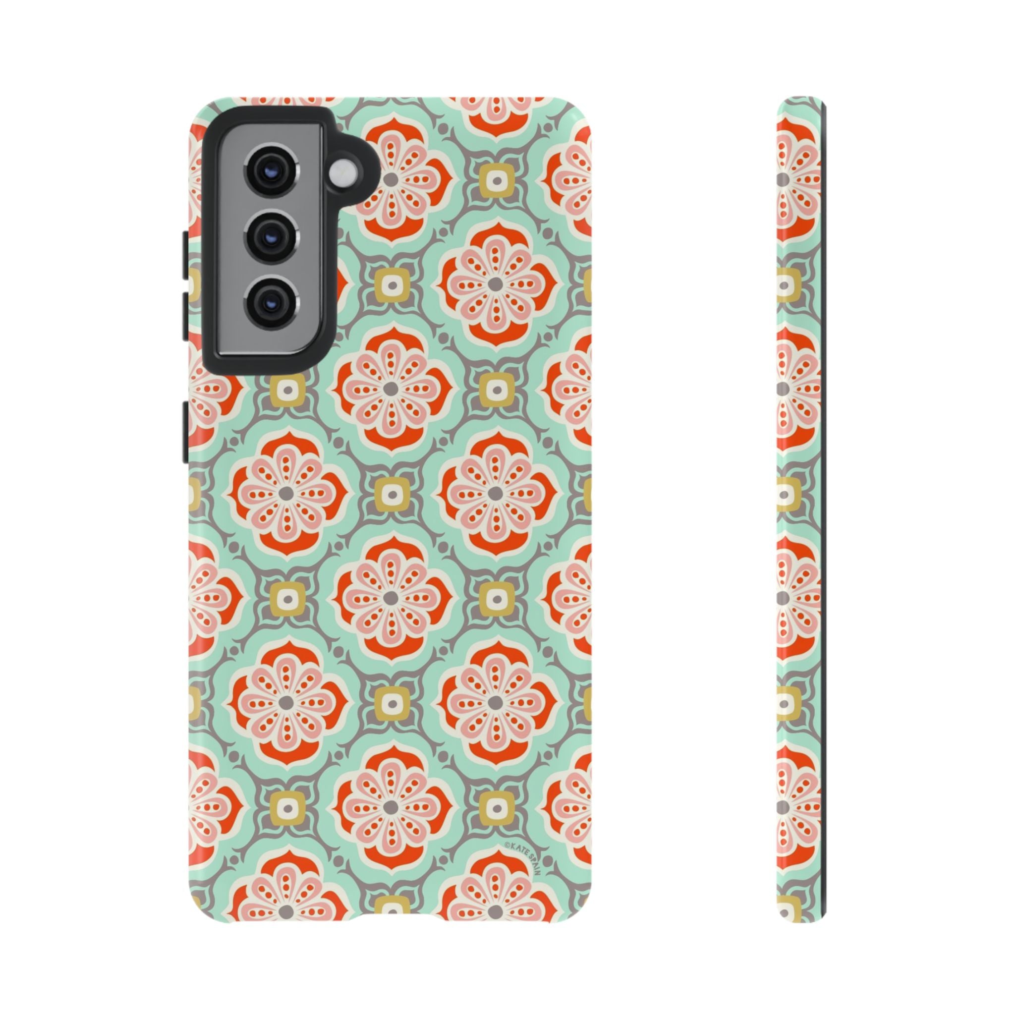 Luxury Alhambra Samsung Galaxy S21 Case – Glossy | light turquoise, coral, cream geometric medallion tile print