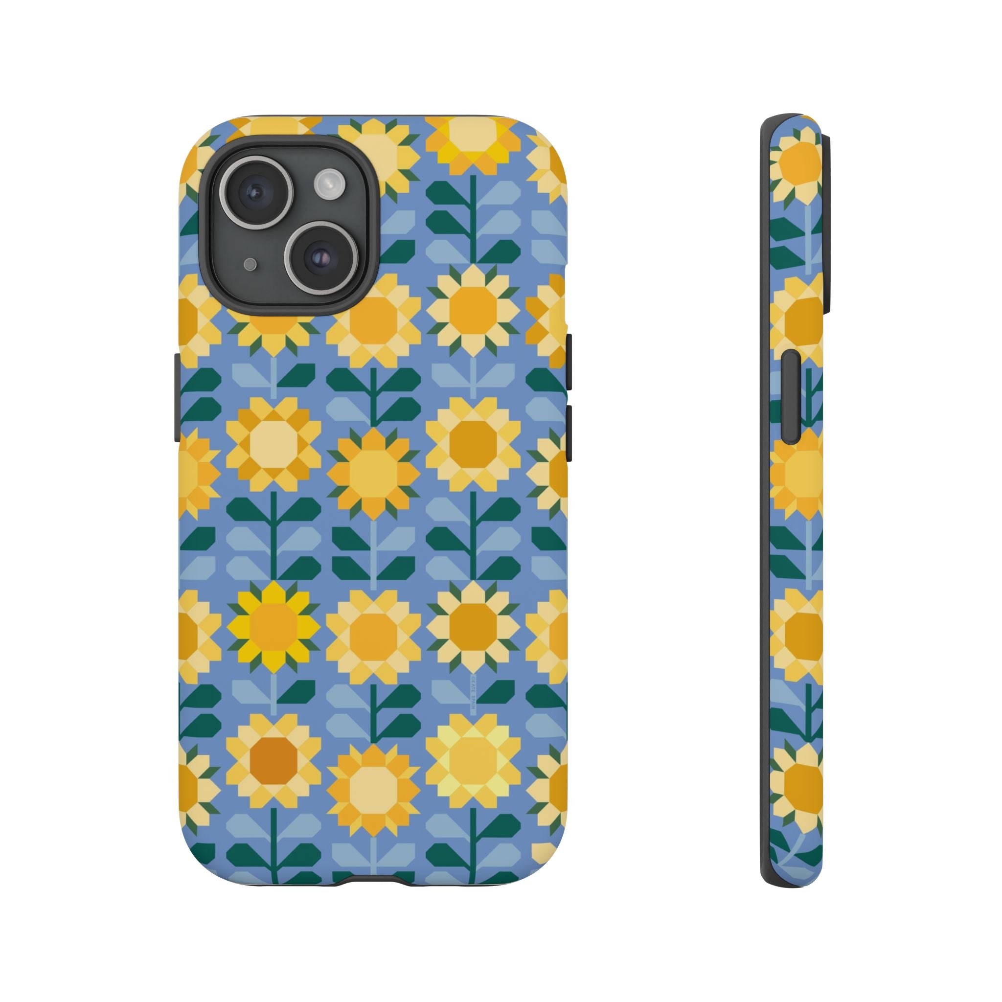 Sunflowers Tough iPhone 15 Case – Matte | blue, yellow, gold geometric sunflower print