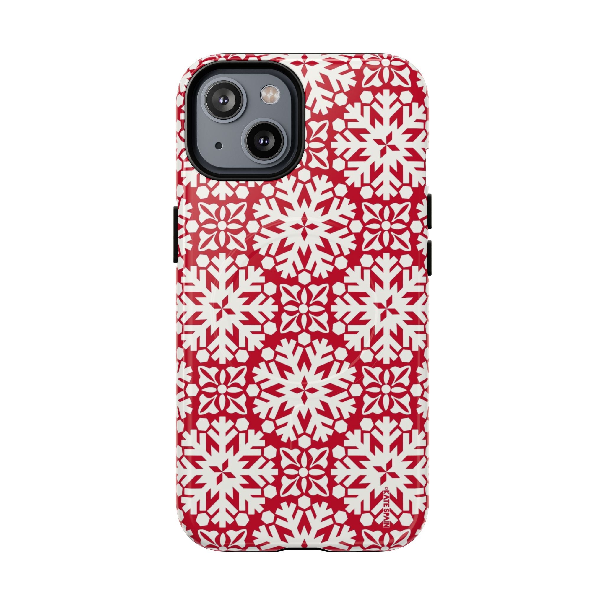 Flurry MagSafe iPhone 14 Case – Glossy | red and cream geometric snowflake tile print