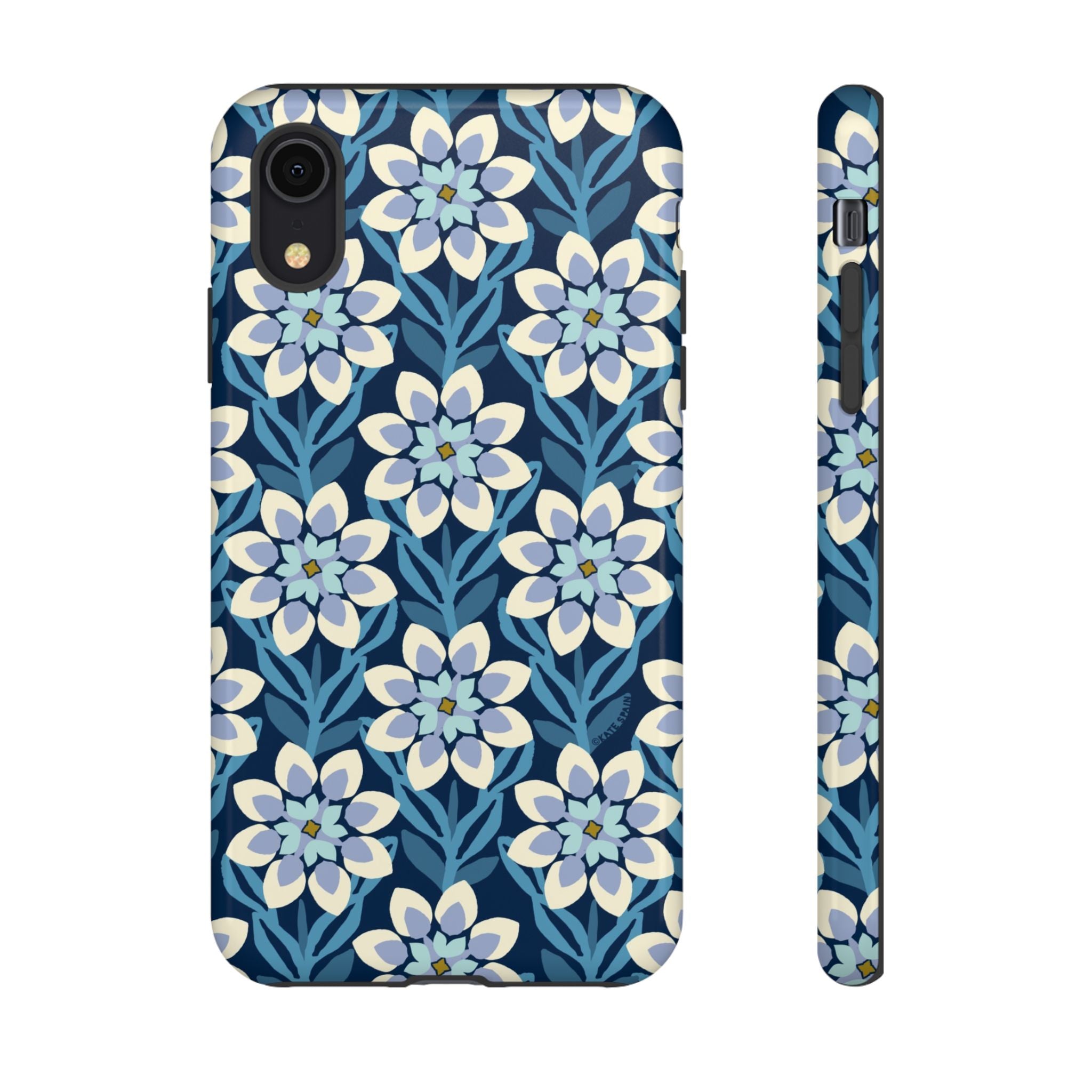 Designer Modern Dahlia Tough iPhone XR Case – Glossy | navy, cobalt, white dahlia floral print