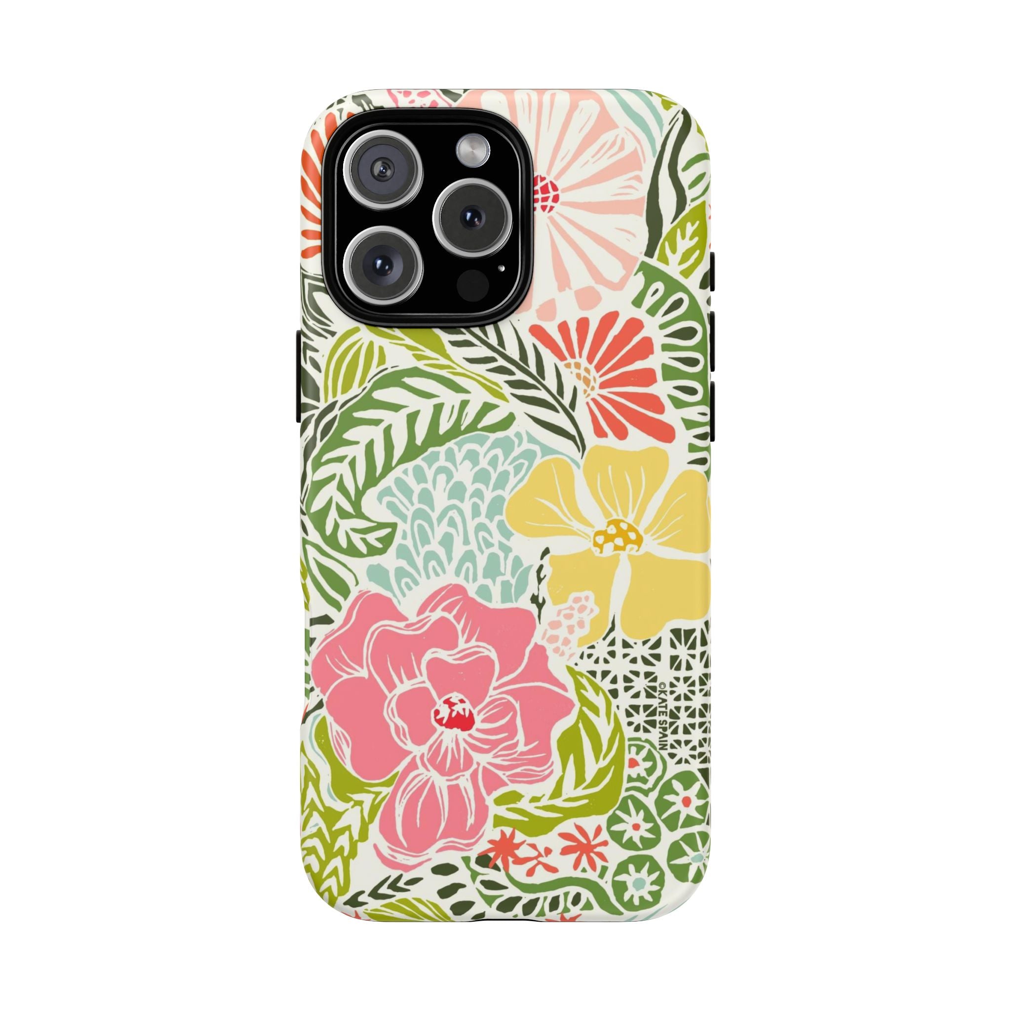 Tropica Tough iPhone 16 Pro Max Case – Matte | cream, pink, yellow, blue botanical floral print