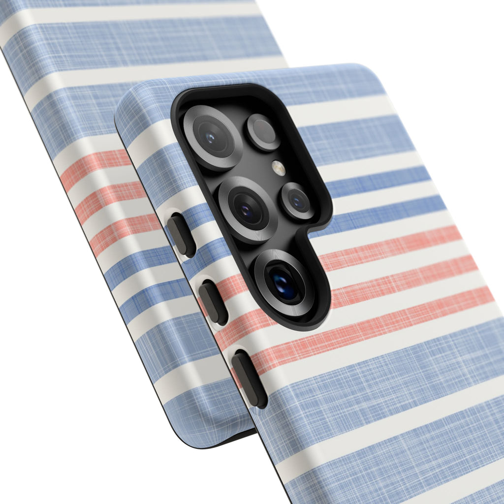 Cabana Stripe Pastel Samsung Galaxy S26 Ultra Case – Glossy side angled view closeup of camera cutout and buttons | soft blue, coral, sage green chambray-textured stripe print dual-layer protection