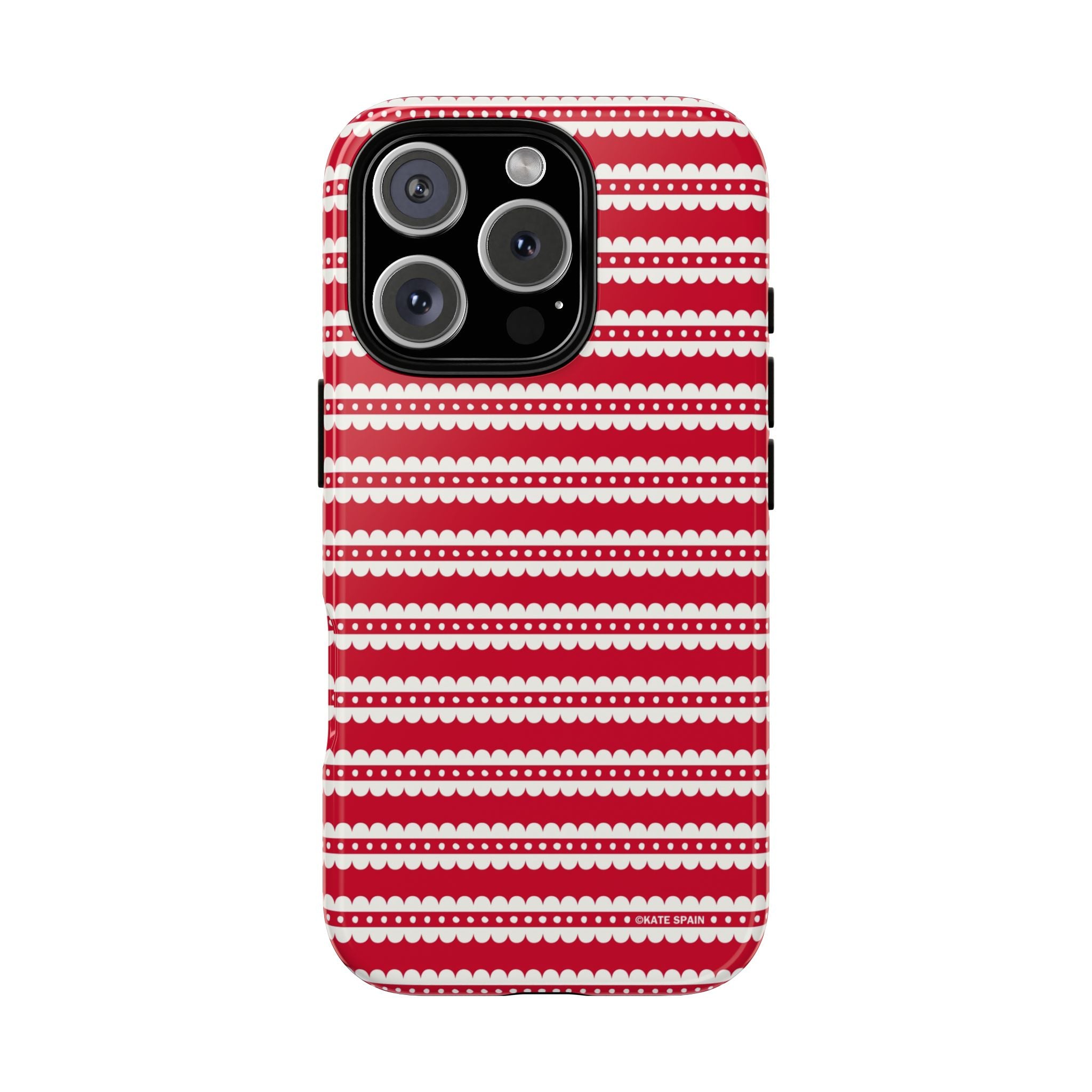Candy Cane Stripe Tough iPhone 16 Pro Case – Glossy | red, cream scalloped candy cane stripe print