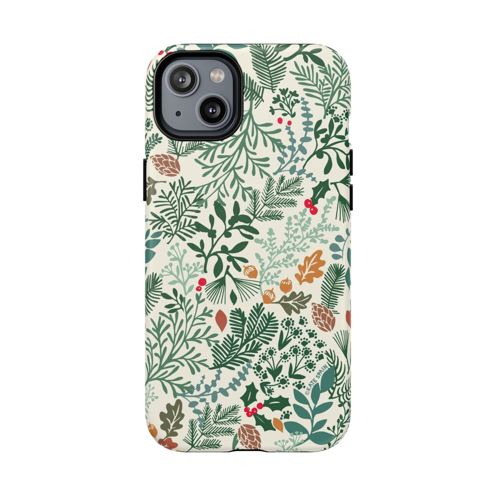 Juniper MagSafe iPhone 14 Plus Case – Matte | cream, forest green, sage, and rust winter botanical print with pine, holly, acorns, and pinecones