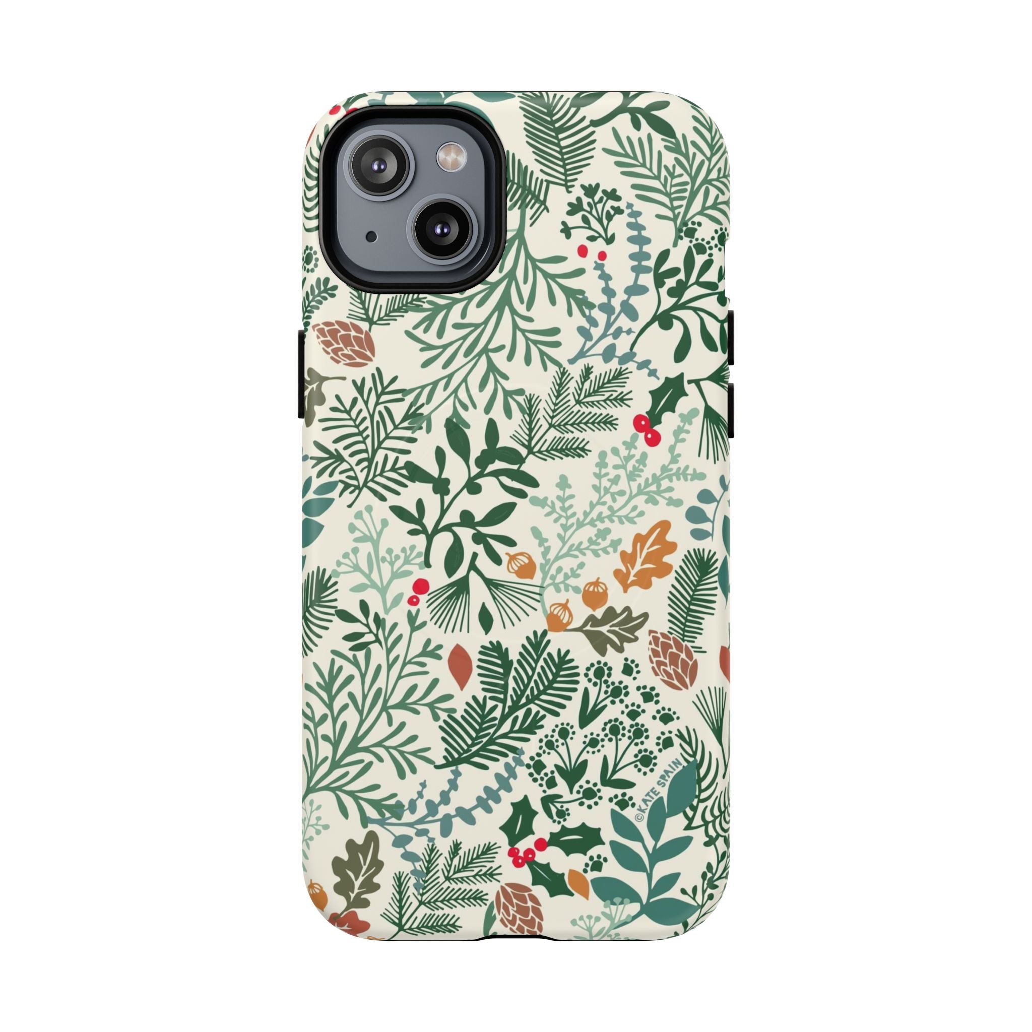 Juniper MagSafe iPhone 14 Plus Case – Matte | cream, forest green, sage, and rust winter botanical print with pine, holly, acorns, and pinecones
