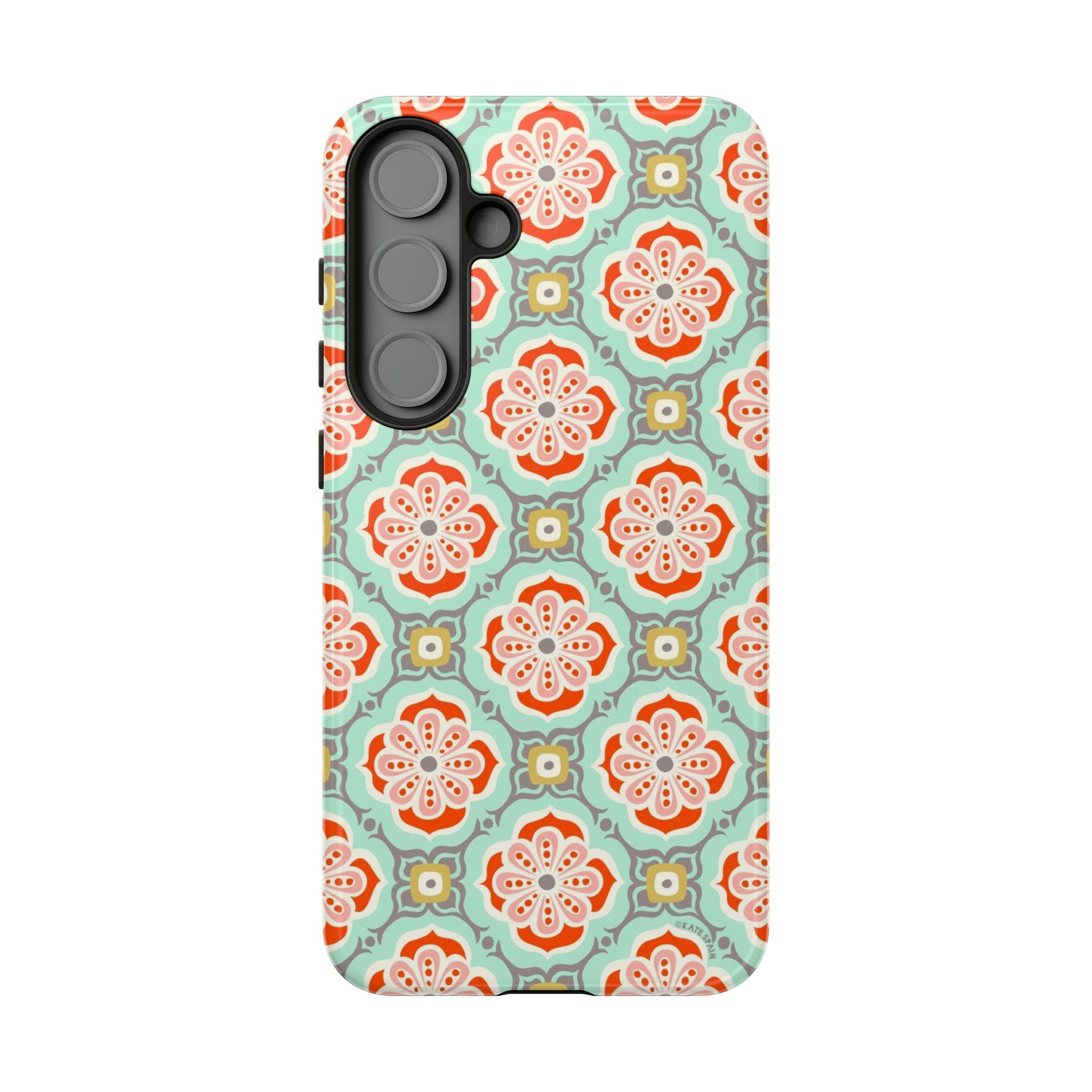 Luxury Alhambra Samsung Galaxy S25 Plus Case – Glossy | light turquoise, coral, cream geometric medallion tile print