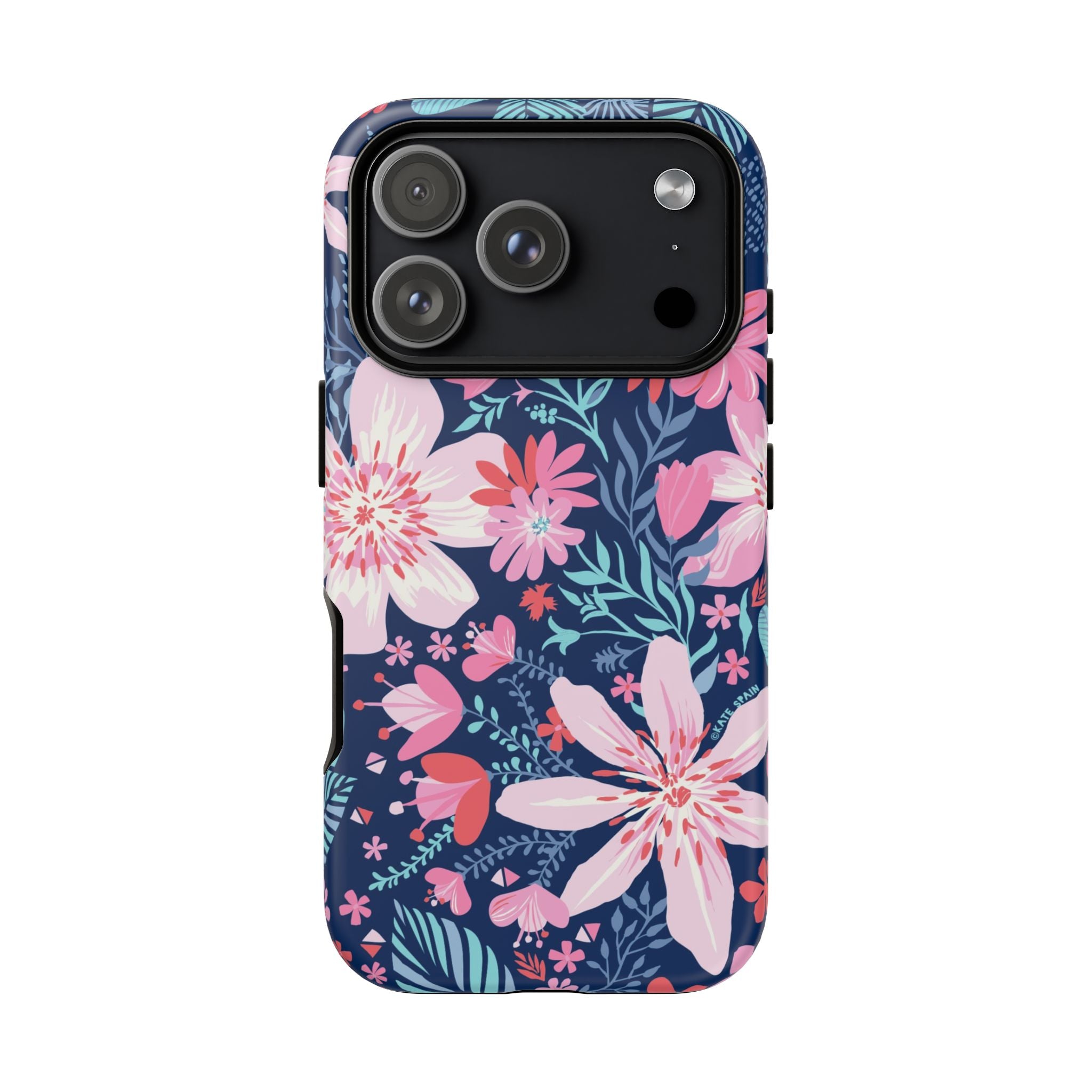 Bonaire Tough iPhone 17 Pro Case – Matte | navy, pink, white tropical floral botanical print