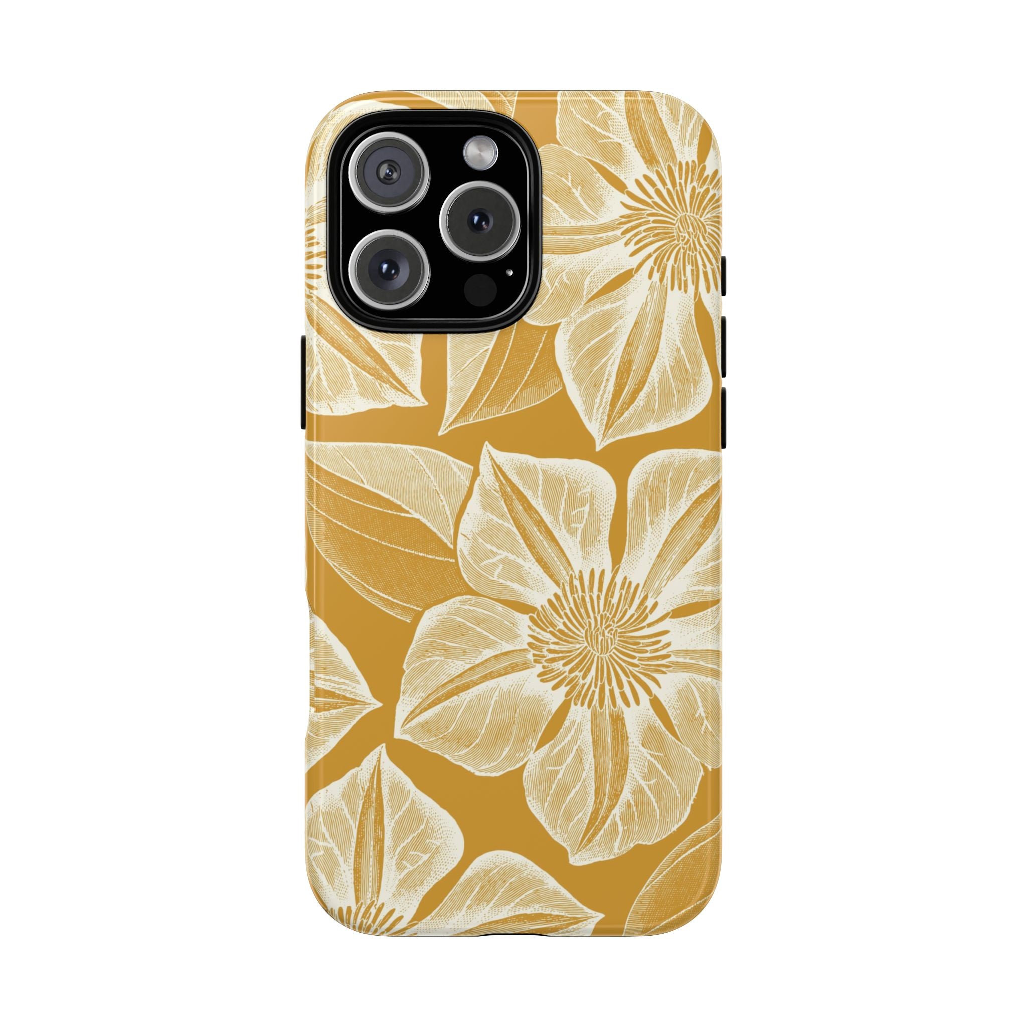 Vintage Bloom Gold iPhone 16 Pro Max case – Glossy | gold ground, large-scale cream clematis print, engraved petal detail, dual-layer protection