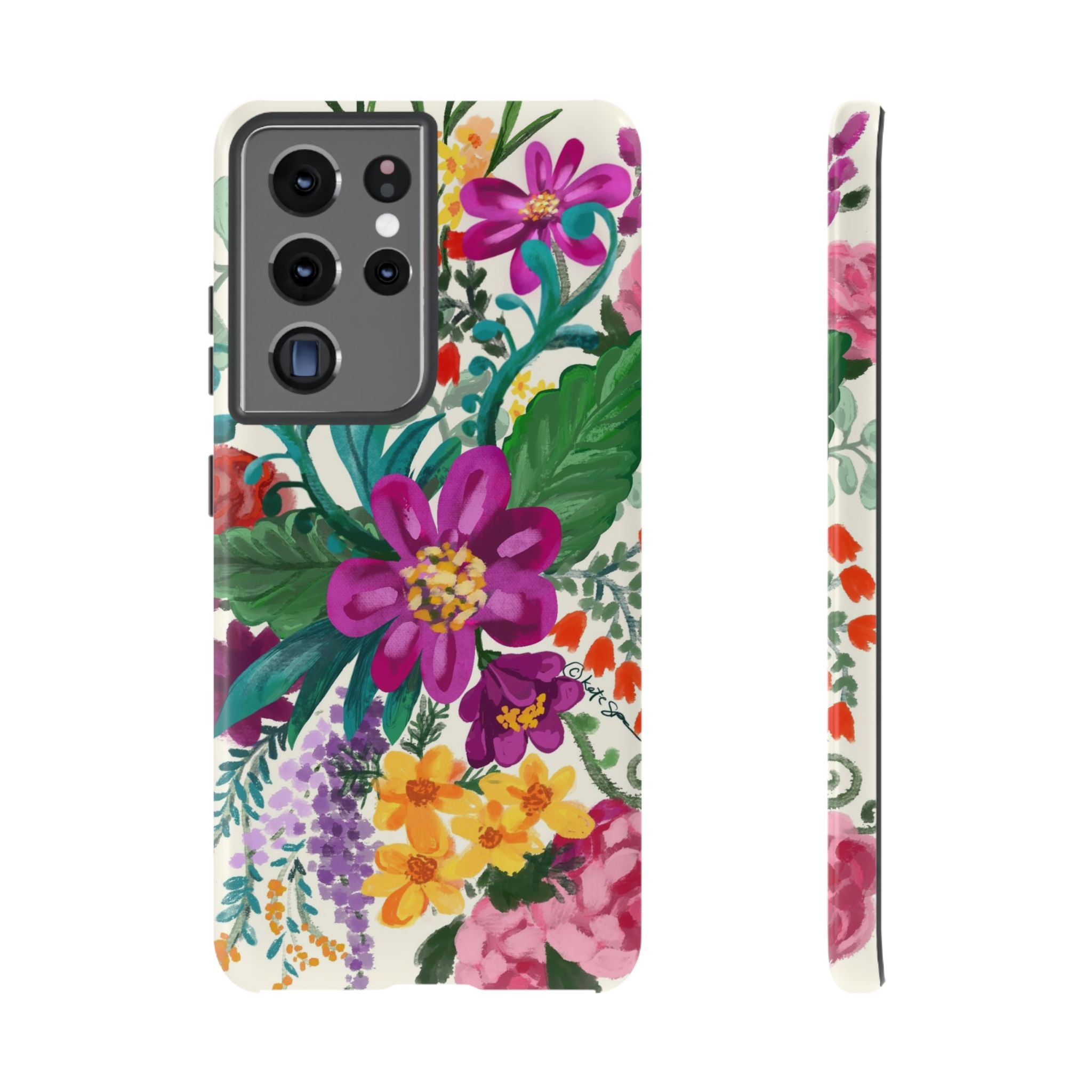 Tropical Posy Samsung Galaxy S21 Ultra Case – Glossy | white, magenta, yellow, purple vibrant botanical floral print