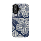 Vintage Bloom Navy MagSafe iPhone 16 Case – Glossy | navy ground, large-scale white clematis print, engraved petal detail, dual-layer protection