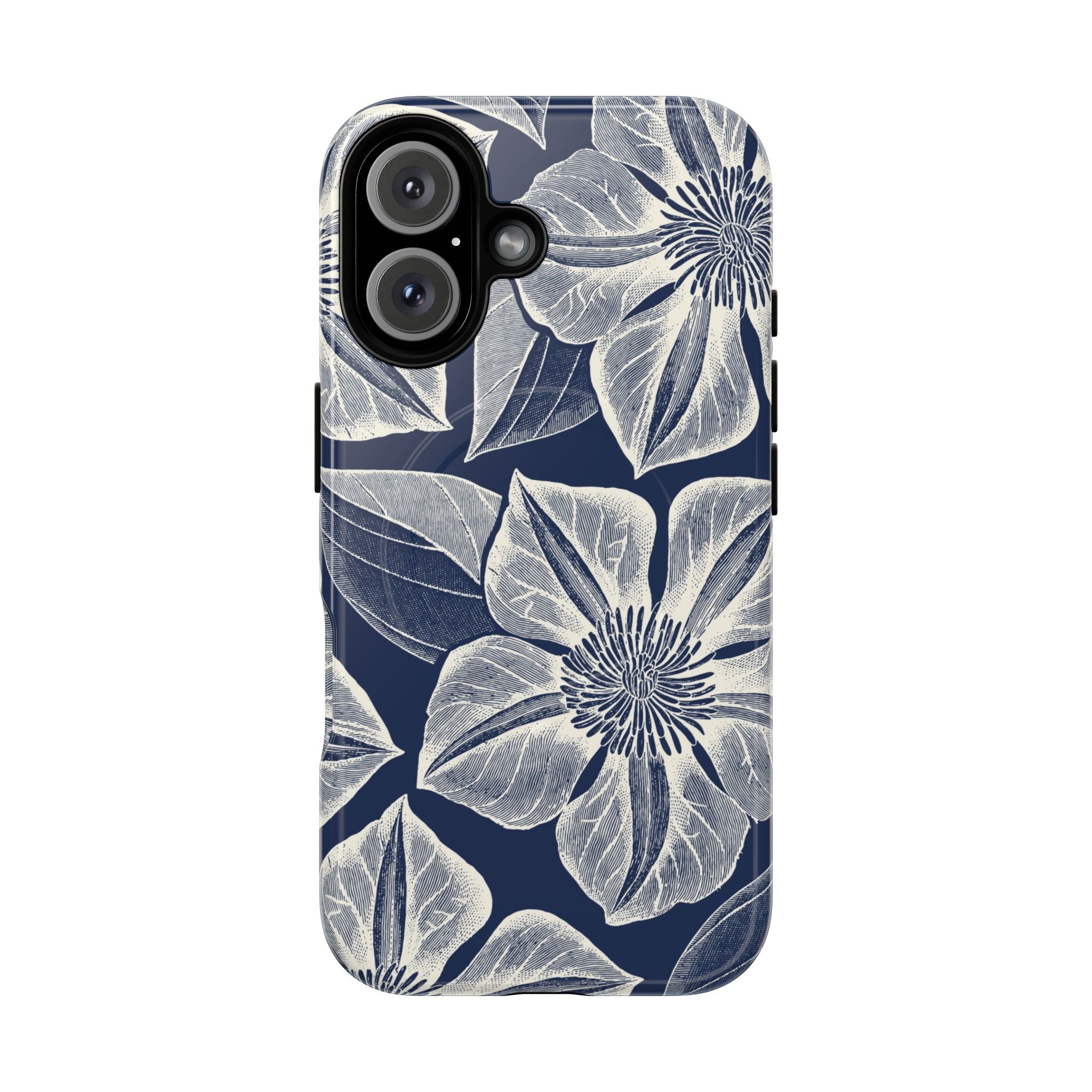 Vintage Bloom Navy MagSafe iPhone 16 Case – Glossy | navy ground, large-scale white clematis print, engraved petal detail, dual-layer protection