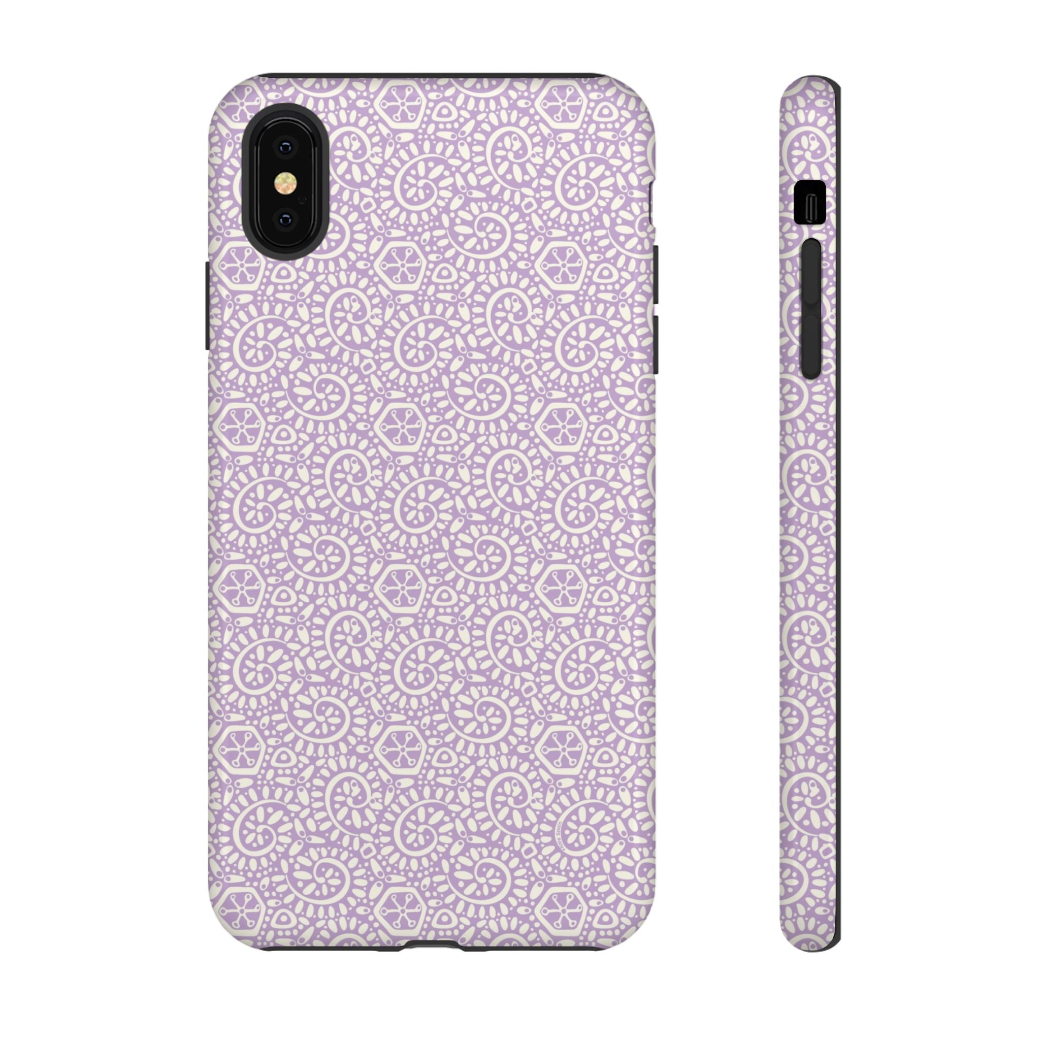 Canto Swirls Lavender iPhone XS Max Glossy Case — lavender hard case covered in an intricate folk-art medallion pattern of radiating circular motifs, dot clusters, and geometric centers