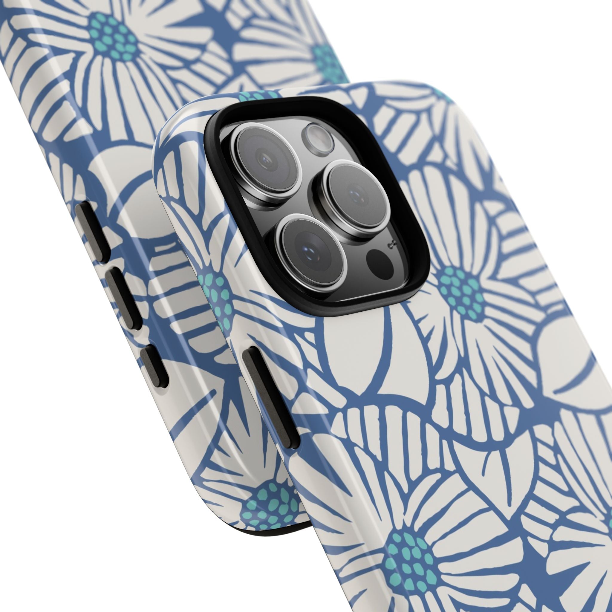 Calendula Tough iPhone 16 Pro Max Case – lifestyle angled shot | periwinkle, cream, teal graphic daisy floral print
