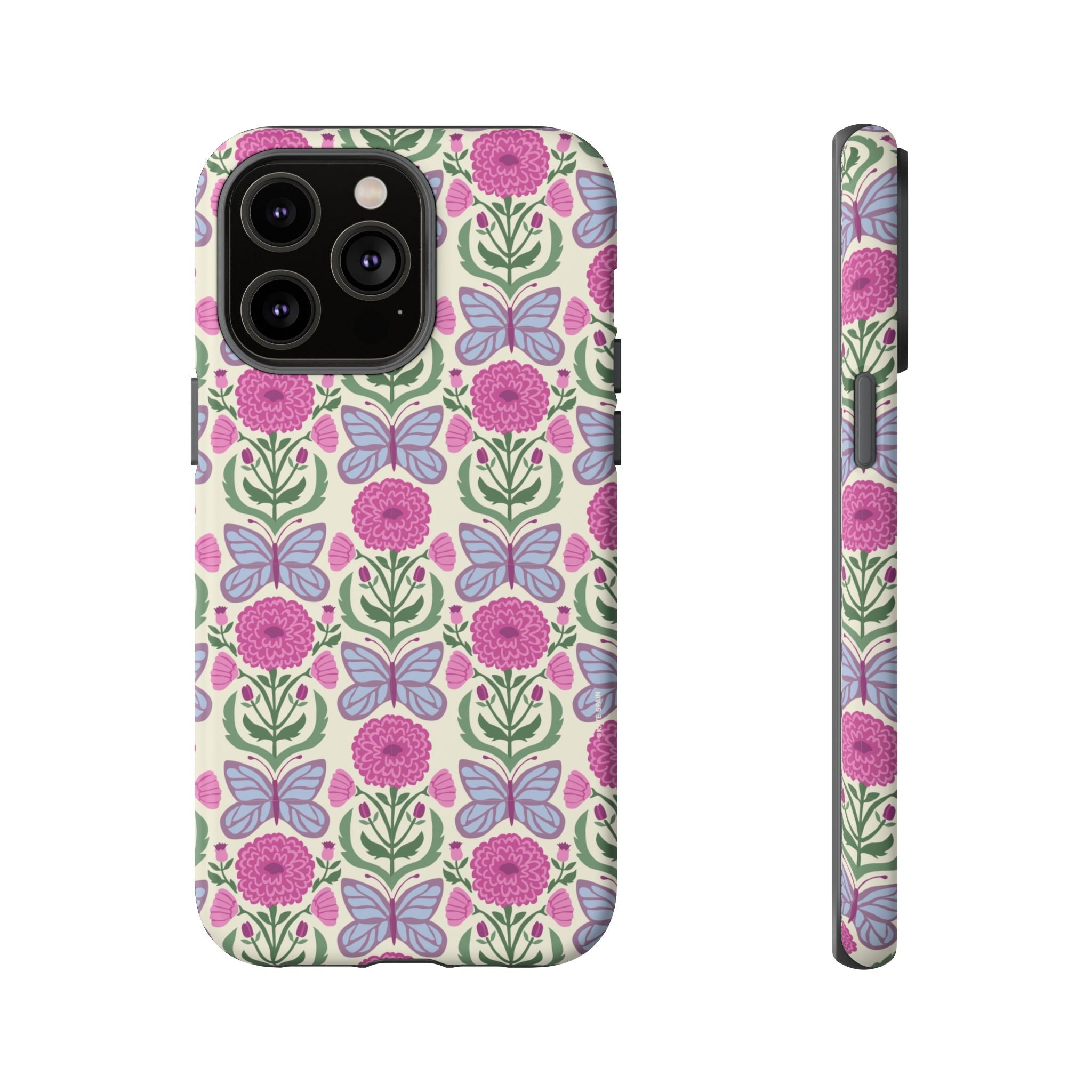 Butterfly Tough iPhone 14 Pro Max Case – Matte | cream, magenta, periwinkle butterfly floral print