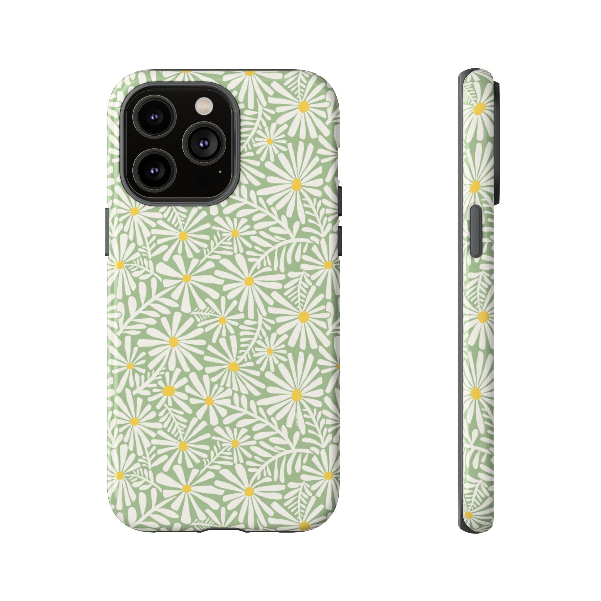 Montauk Daisy Meadow Green iPhone 14 Pro Max Case – Glossy | sage green, white graphic daisy and fern print, golden yellow centers | dual-layer protection
