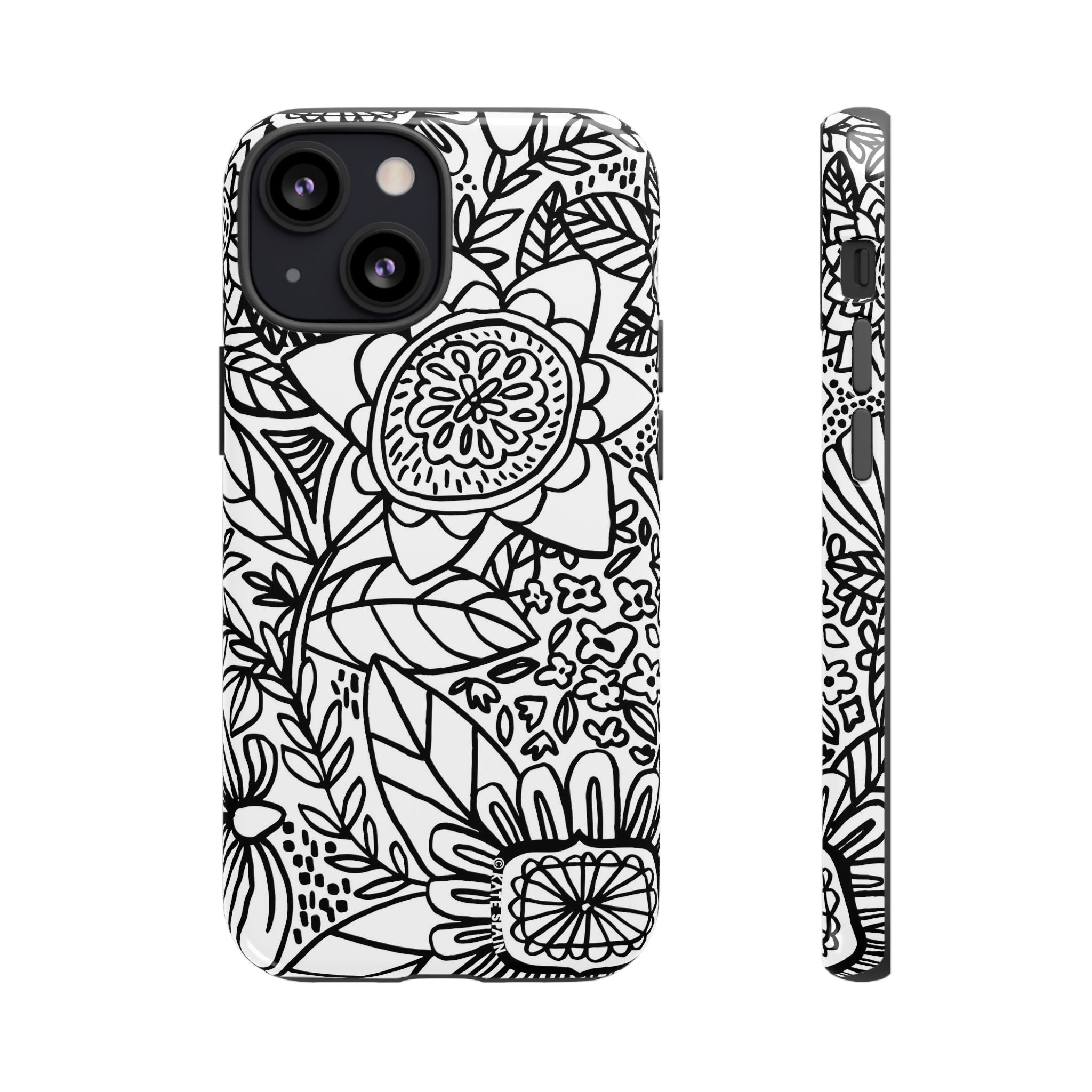 Esprit Tough iPhone 13 Mini Case – Glossy | white, black botanical line art floral print