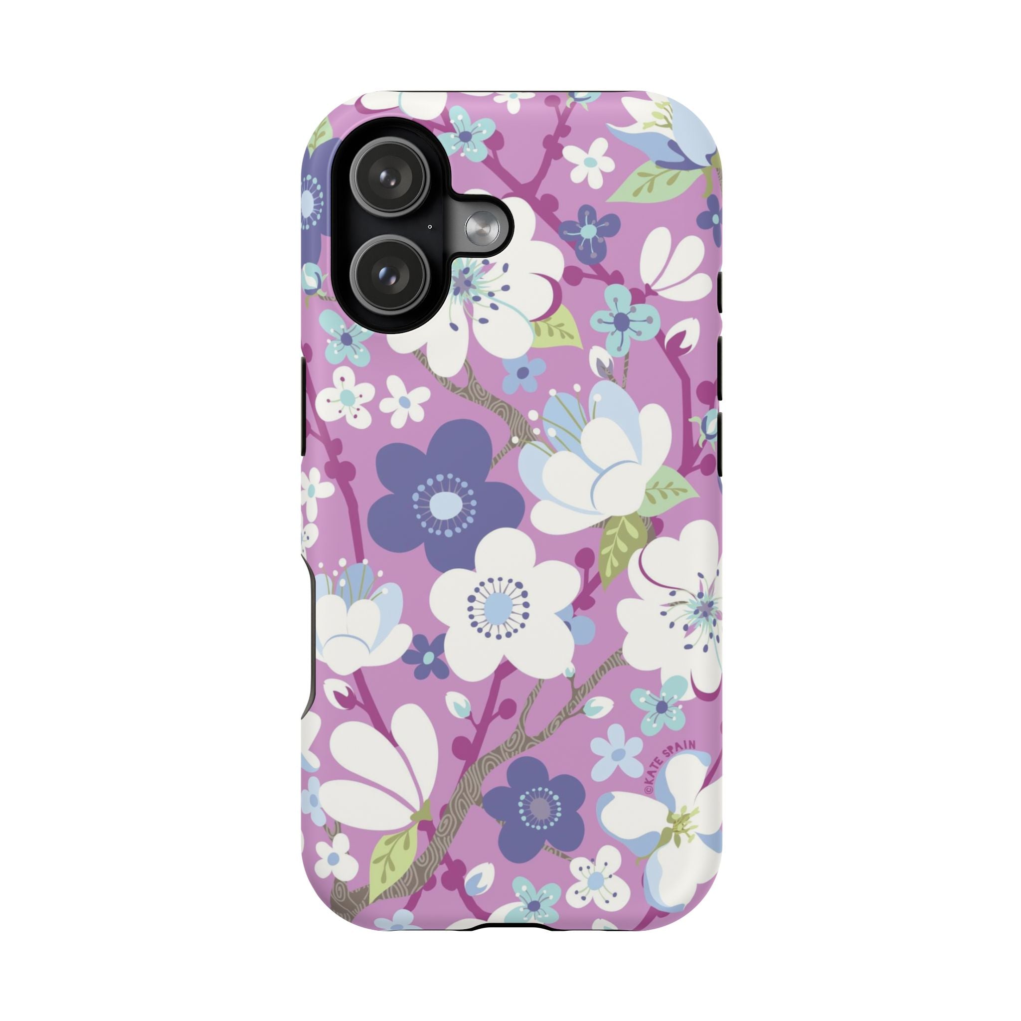 Luxury Cherry Blossom MagSafe iPhone 17 Case – Glossy | mauve, purple, blue, white cherry blossom print