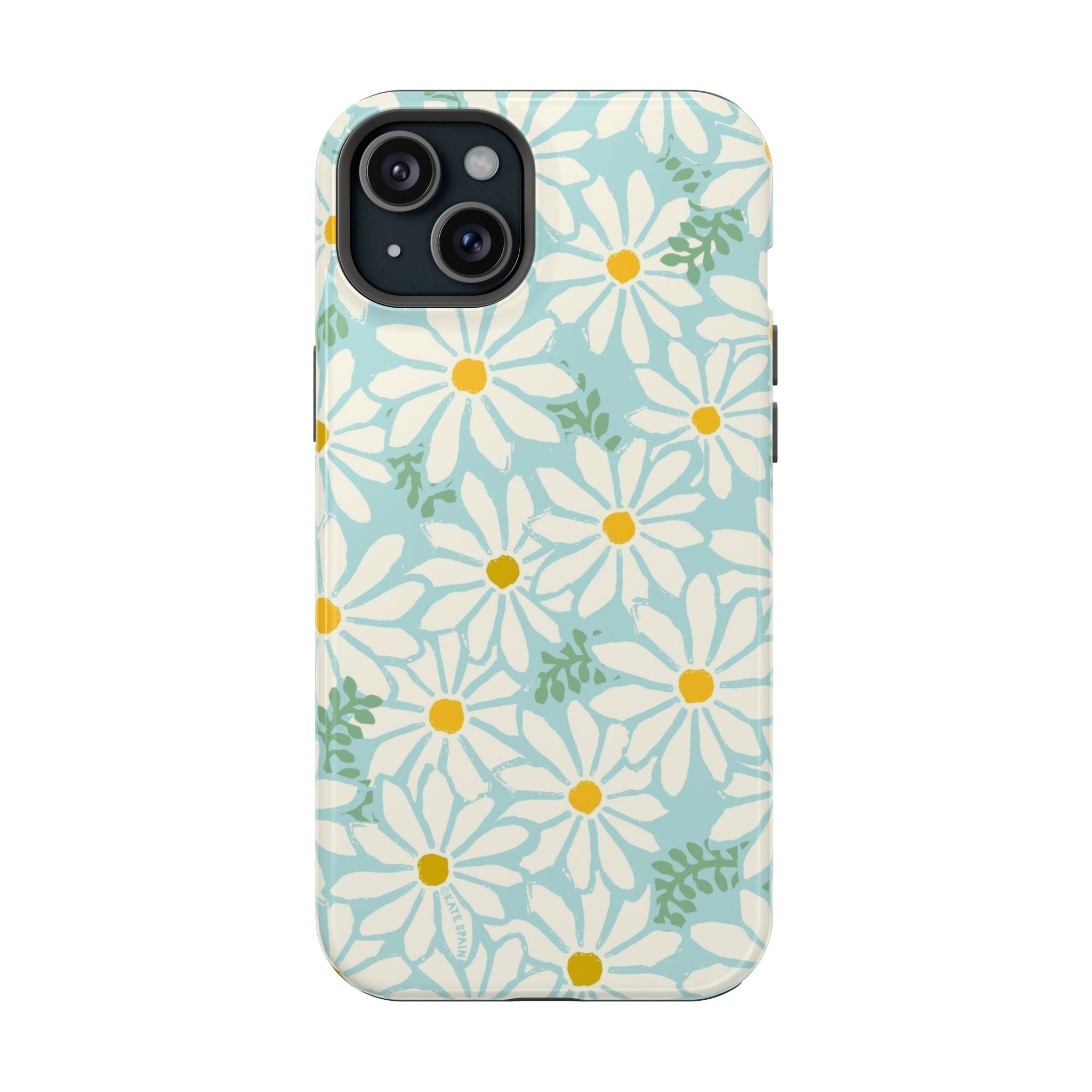Daisies MagSafe iPhone 15 Plus Case – Glossy | white, yellow, aqua watercolor daisy print