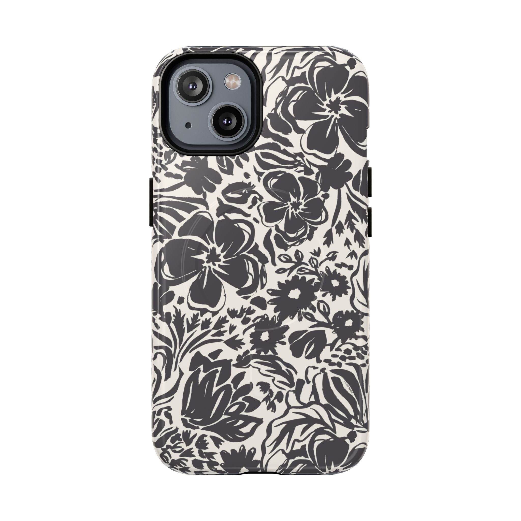 Rhapsody Black MagSafe iPhone 14 Glossy case — bold charcoal floral print on cream by Kate Spain