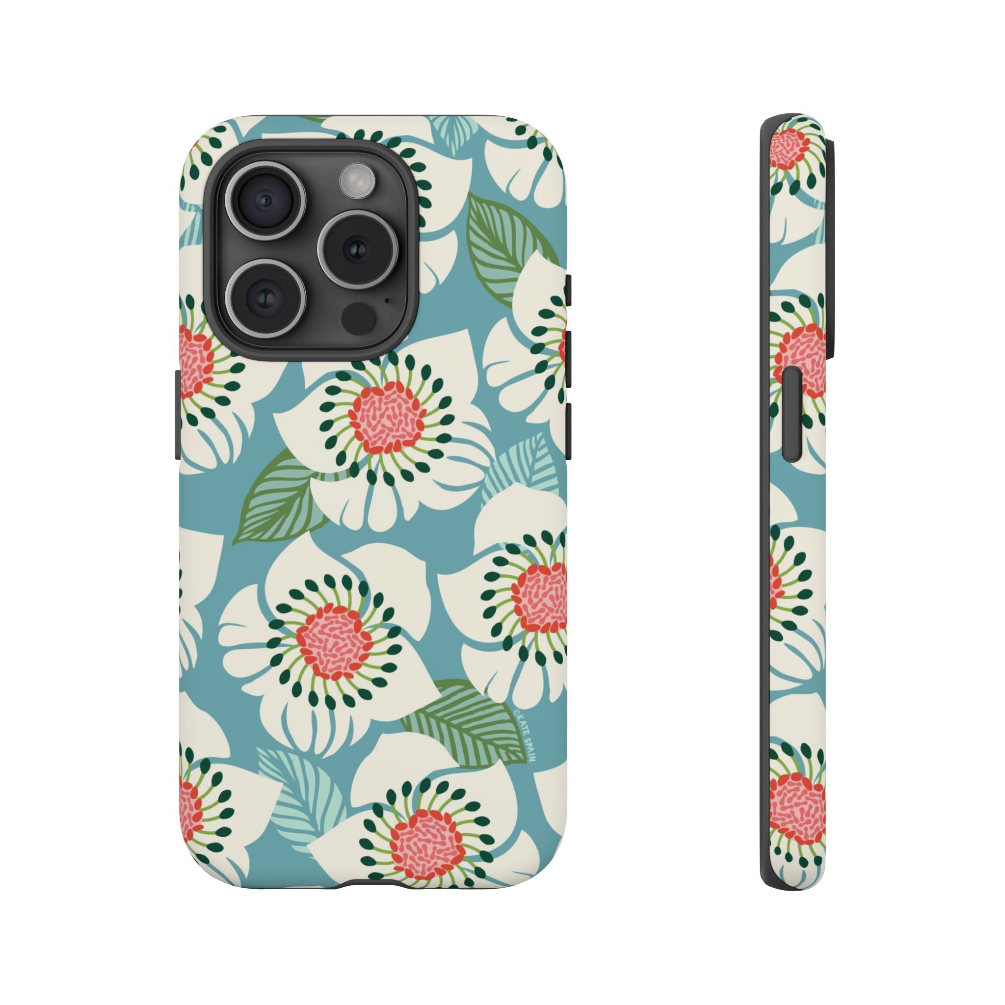 Panache Floral Tough iPhone 15 Pro Case – Matte | sky blue, pale cream, pink anemone floral print