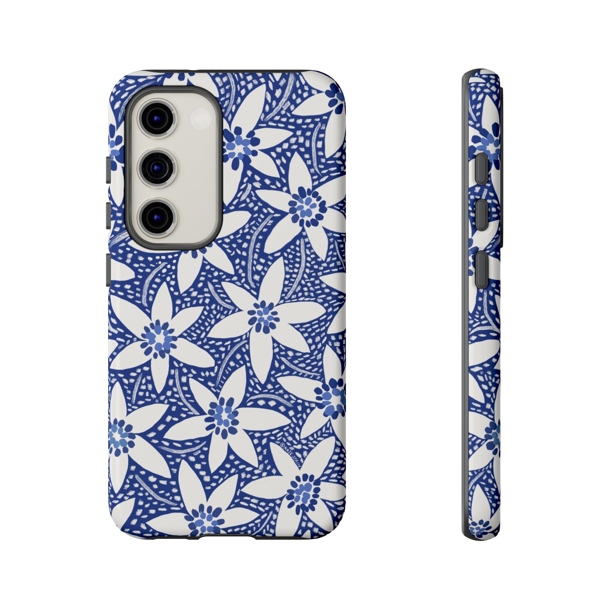 Starflower Samsung Galaxy S23 Case – Glossy | navy, white geometric starflower print