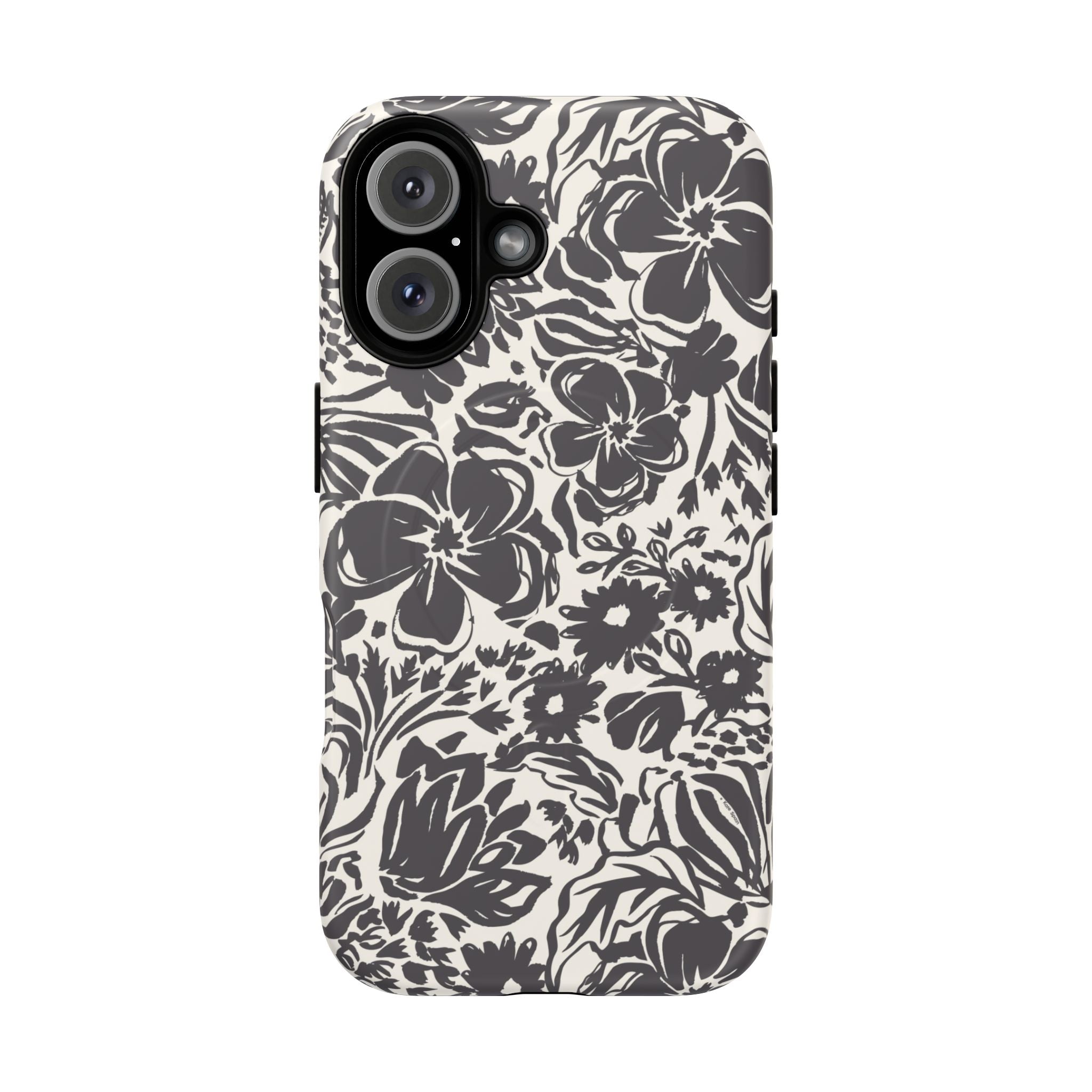 Rhapsody Black MagSafe iPhone 16 Pro Matte case — bold charcoal floral print on cream by Kate Spain