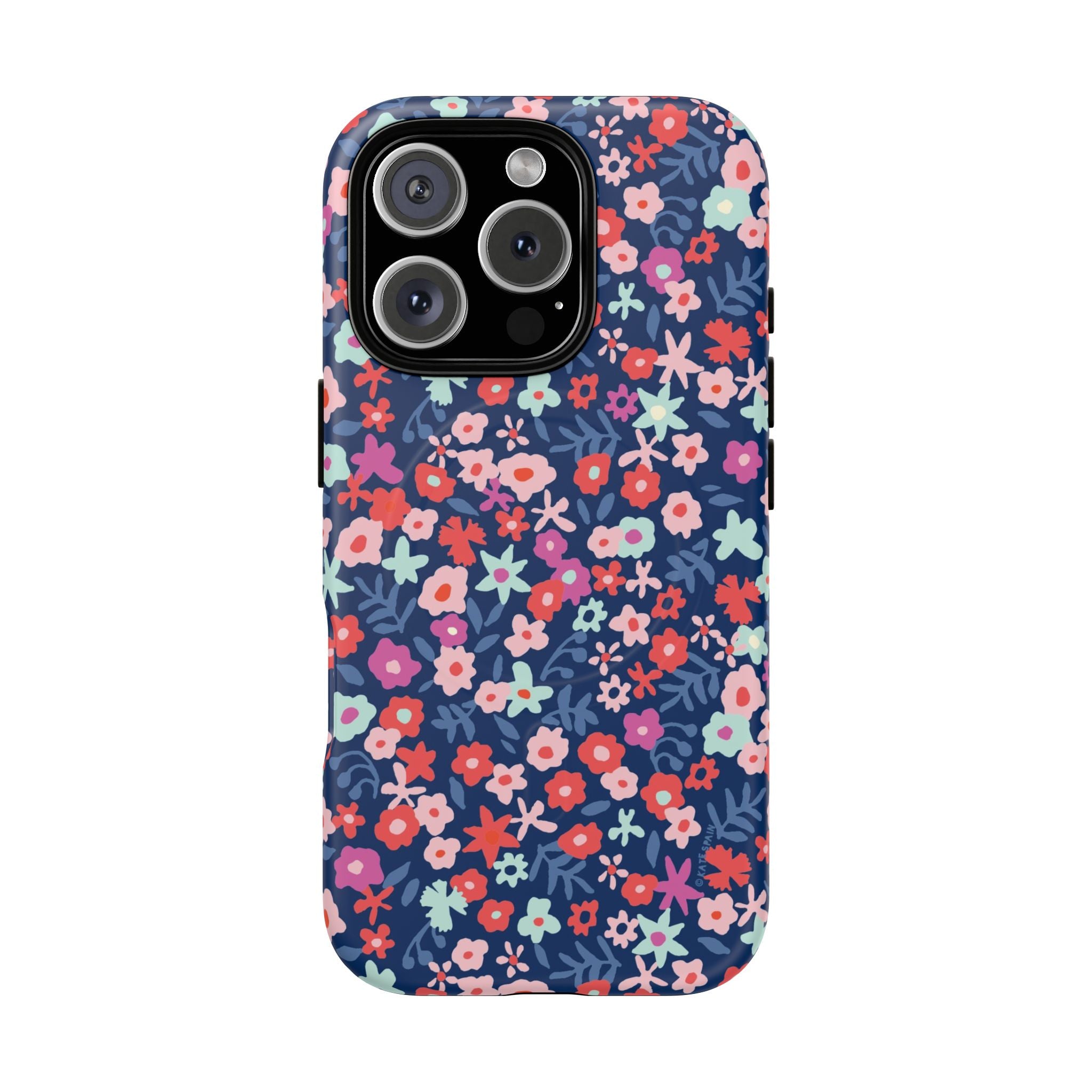 Primrose MagSafe iPhone 16 Pro Case – Matte | navy, pink, white ditsy floral print