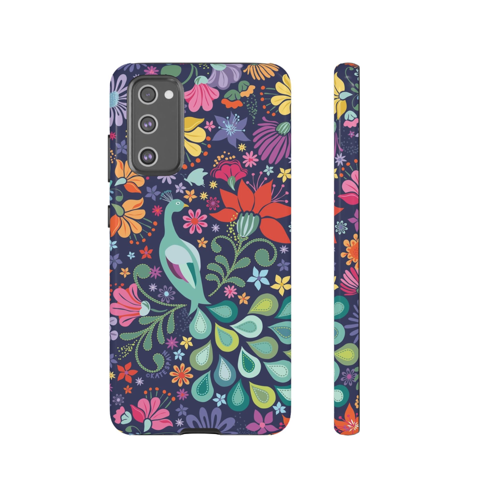Luxury Peacock Sanctuary Samsung Galaxy S20 FE Case – Glossy | navy, teal, coral multicolor vibrant peacock feather botanical print