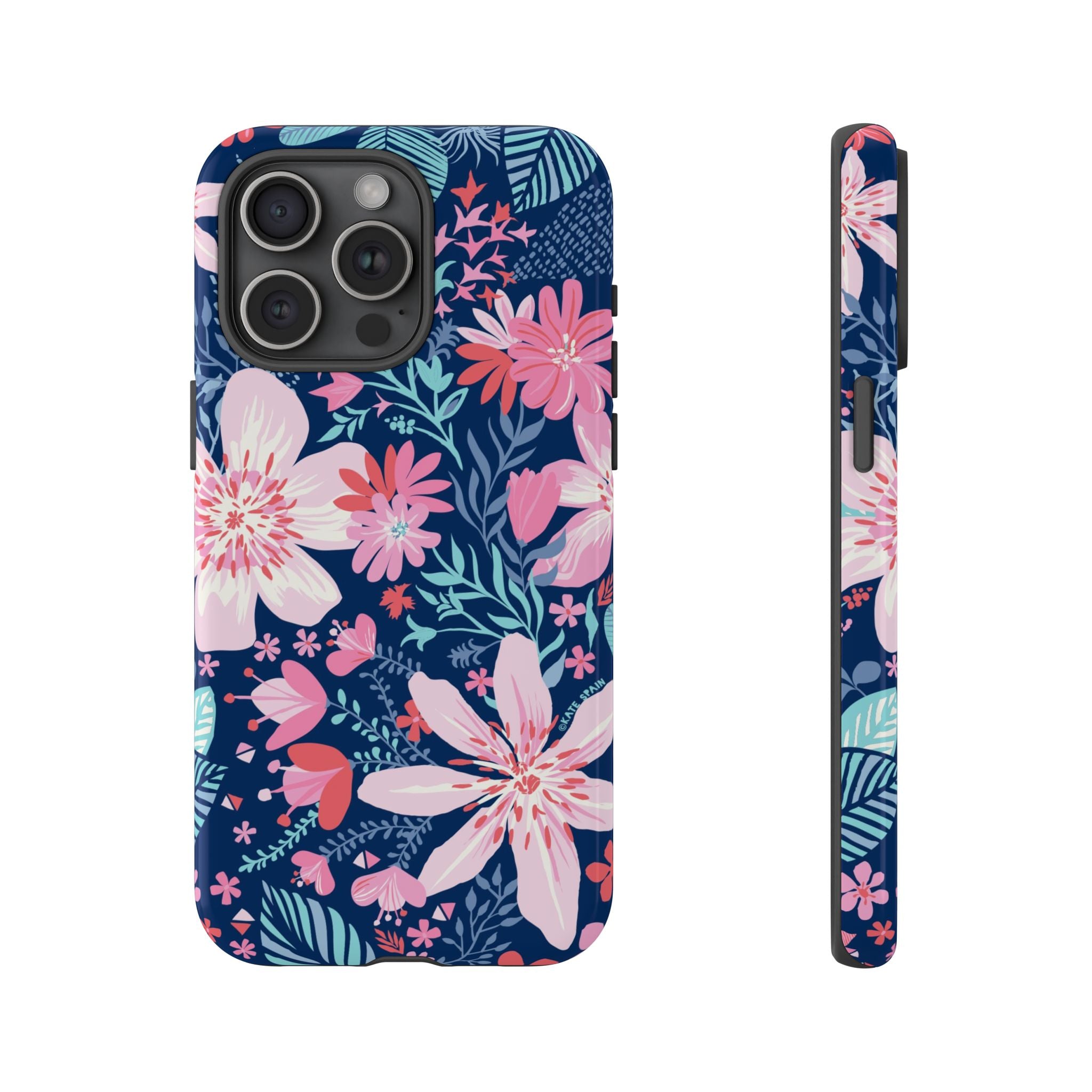 Bonaire Tough iPhone 15 Pro Max Case – Glossy | navy, pink, white tropical floral botanical print