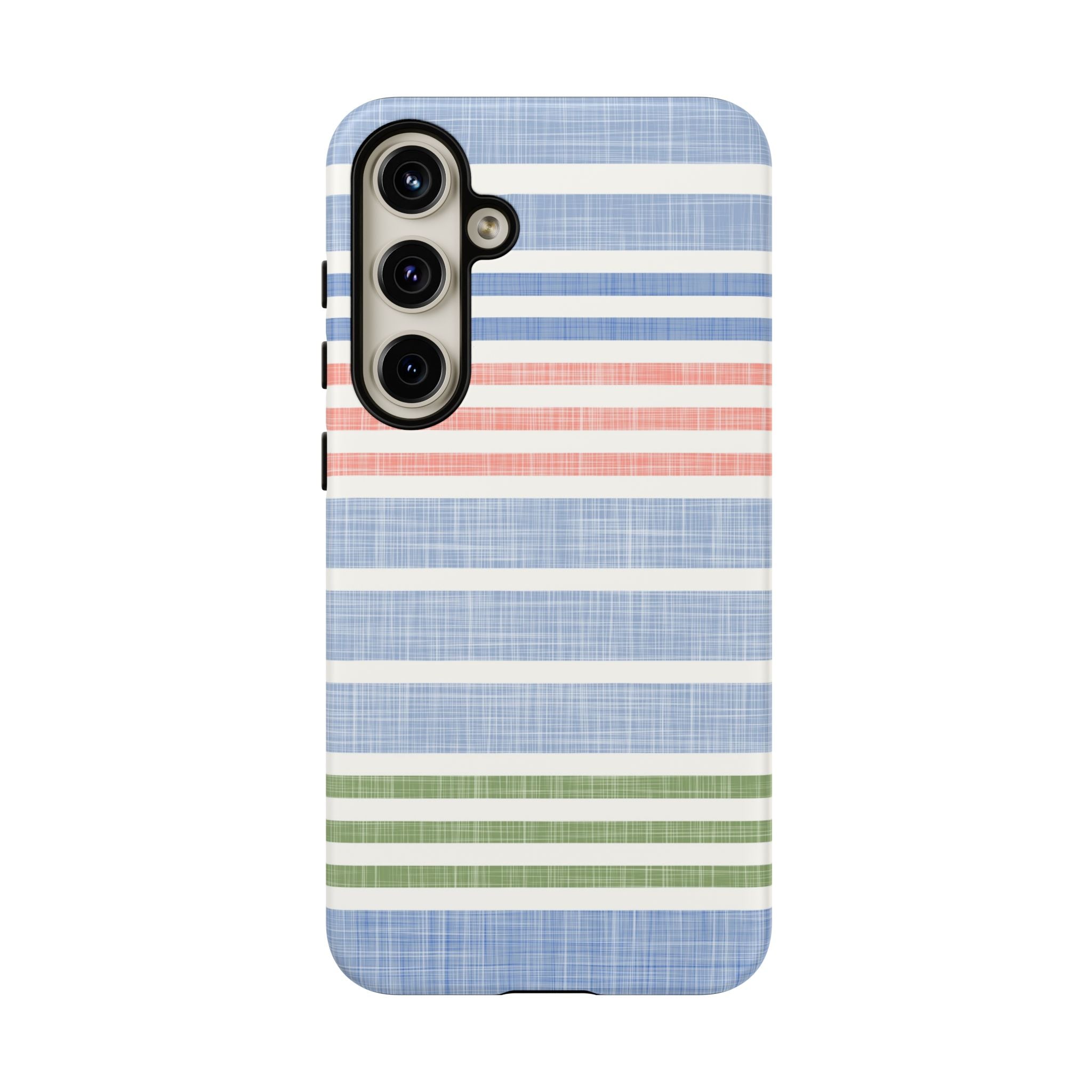 Cabana Stripe Pastel Samsung Galaxy S24 Plus Case – Matte | soft blue, coral, sage green chambray-textured stripe print dual-layer protection