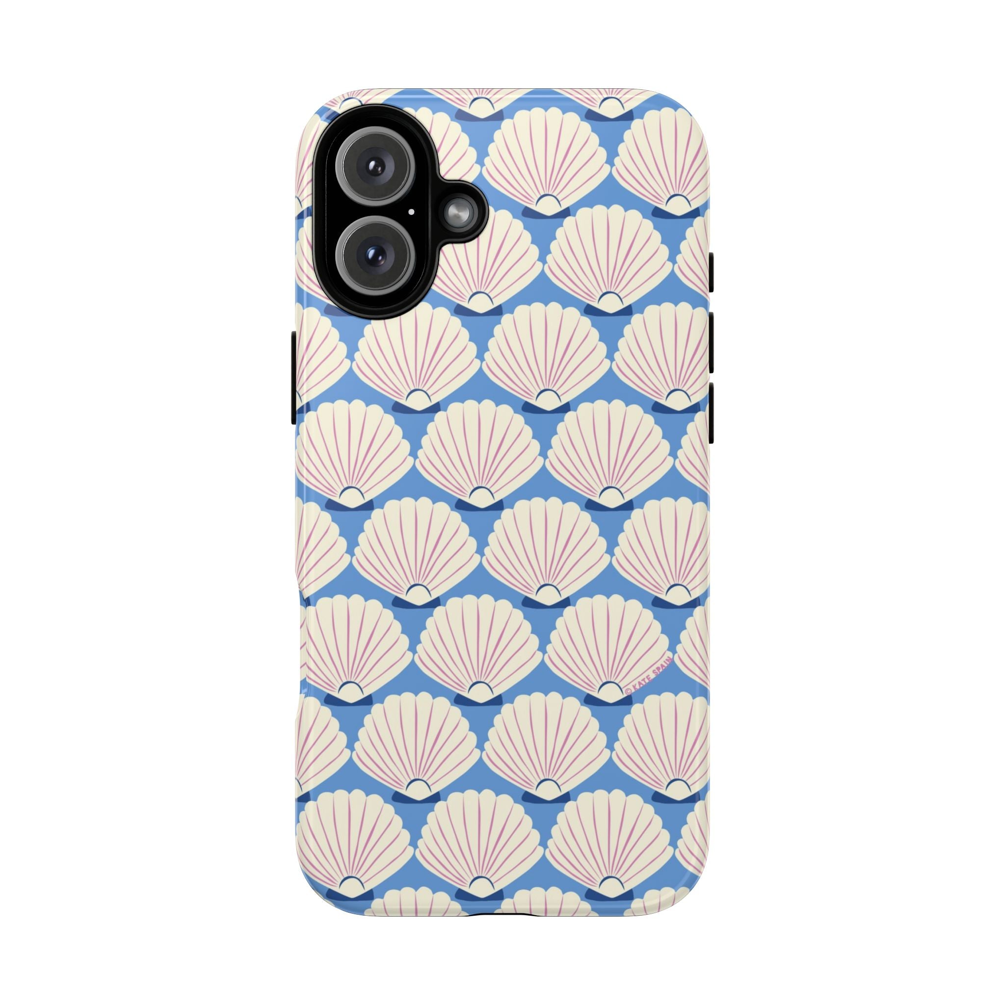 Seashells Tough iPhone 16 Plus Case – Glossy | periwinkle, cream, blush scallop shell print