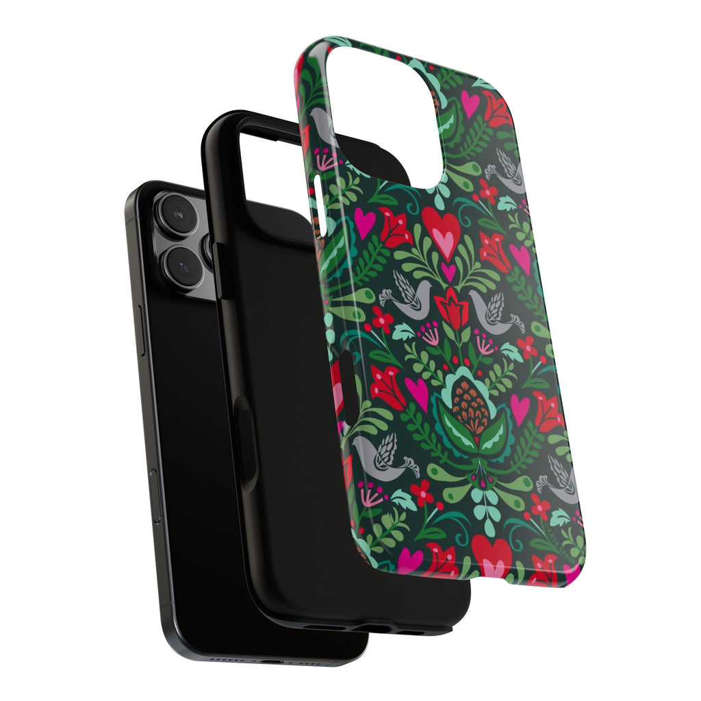 Rosemaling Tough iPhone 16 Pro Max Case – exploded side view showing dual-layer construction