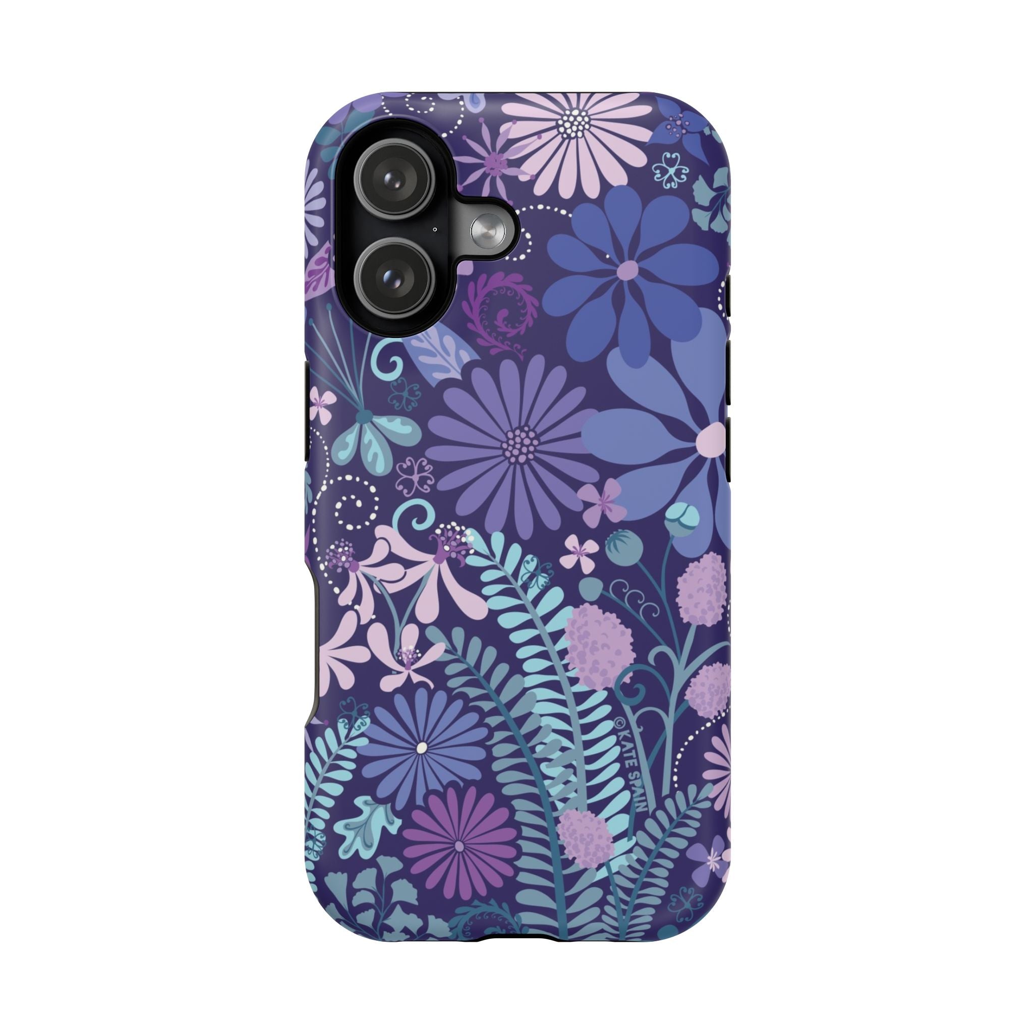 Luxury Terrain MagSafe iPhone 17 Case – Glossy | navy, purple, aqua botanical woodland floral print
