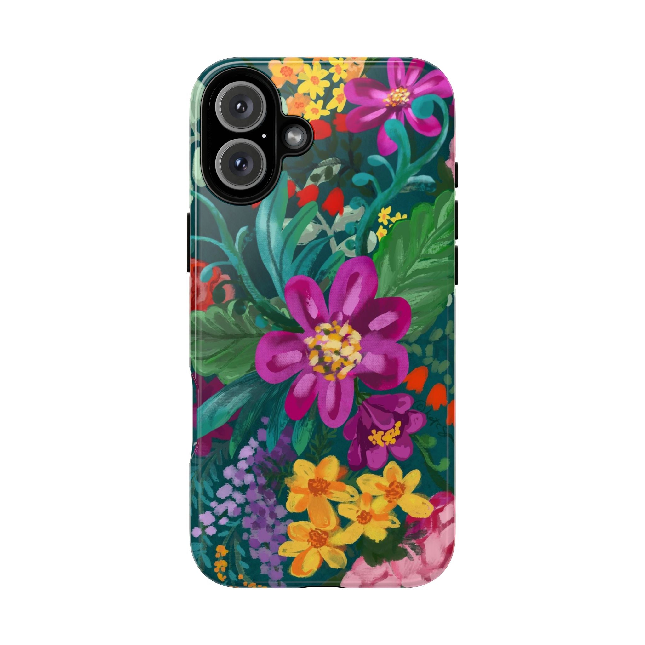 Posy Tough iPhone 16 Plus Case – Glossy | teal, purple, magenta, yellow botanical wildflower print