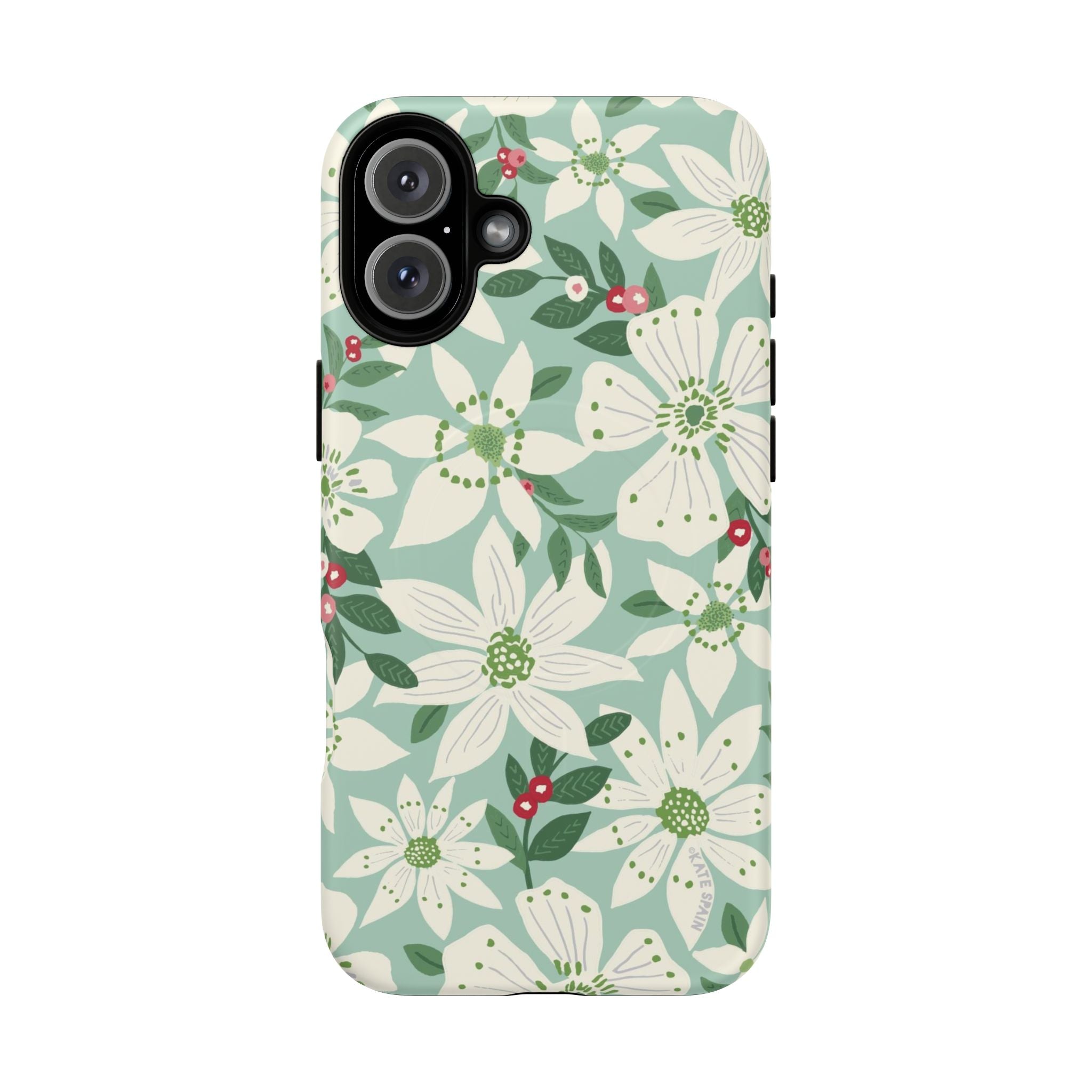 Gardenia MagSafe iPhone 16 Plus Case – Matte | light blue, white, green, red gardenia botanical print
