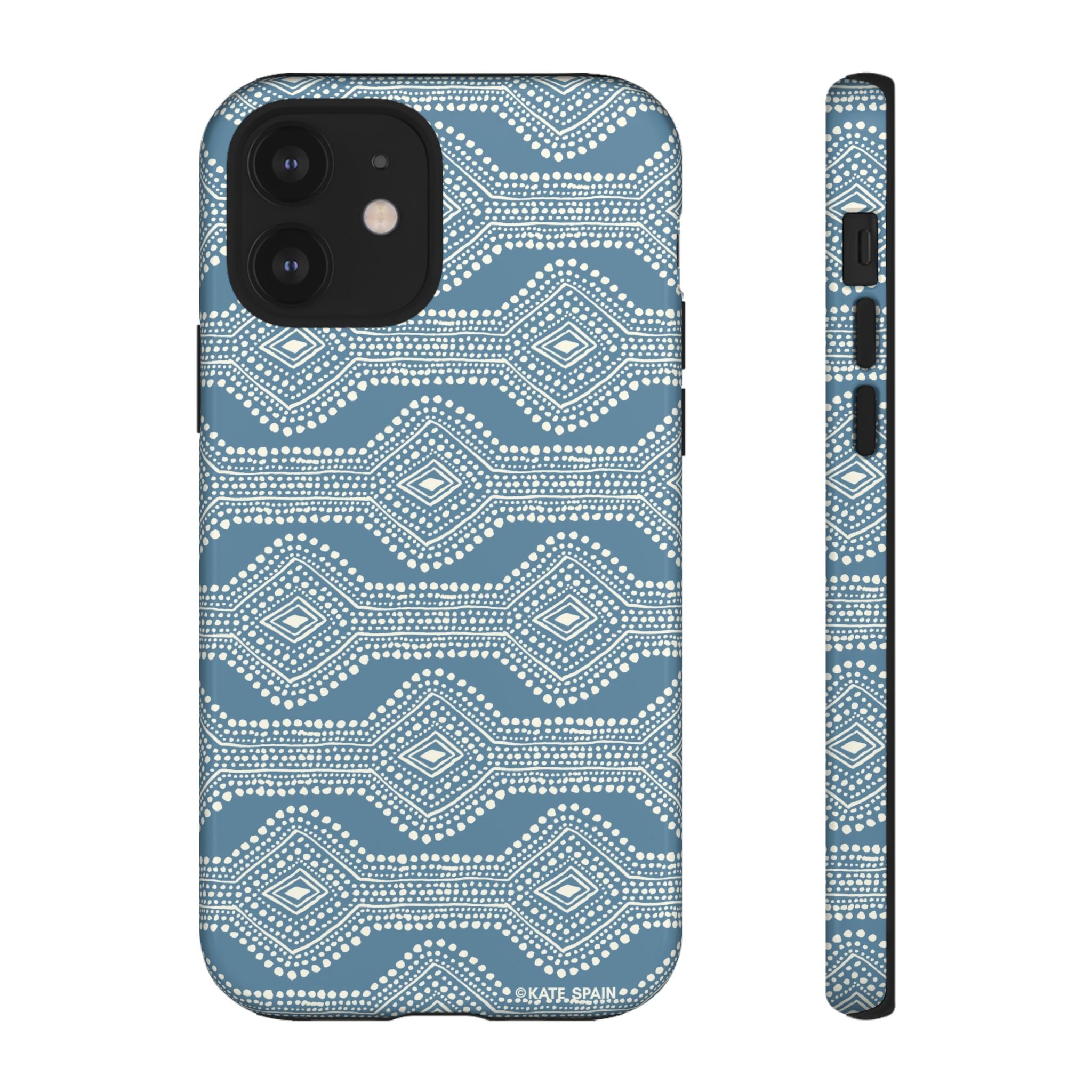 Diamond Dots Tough iPhone 12 Case – Glossy | steel blue, white diamond dot geometric print